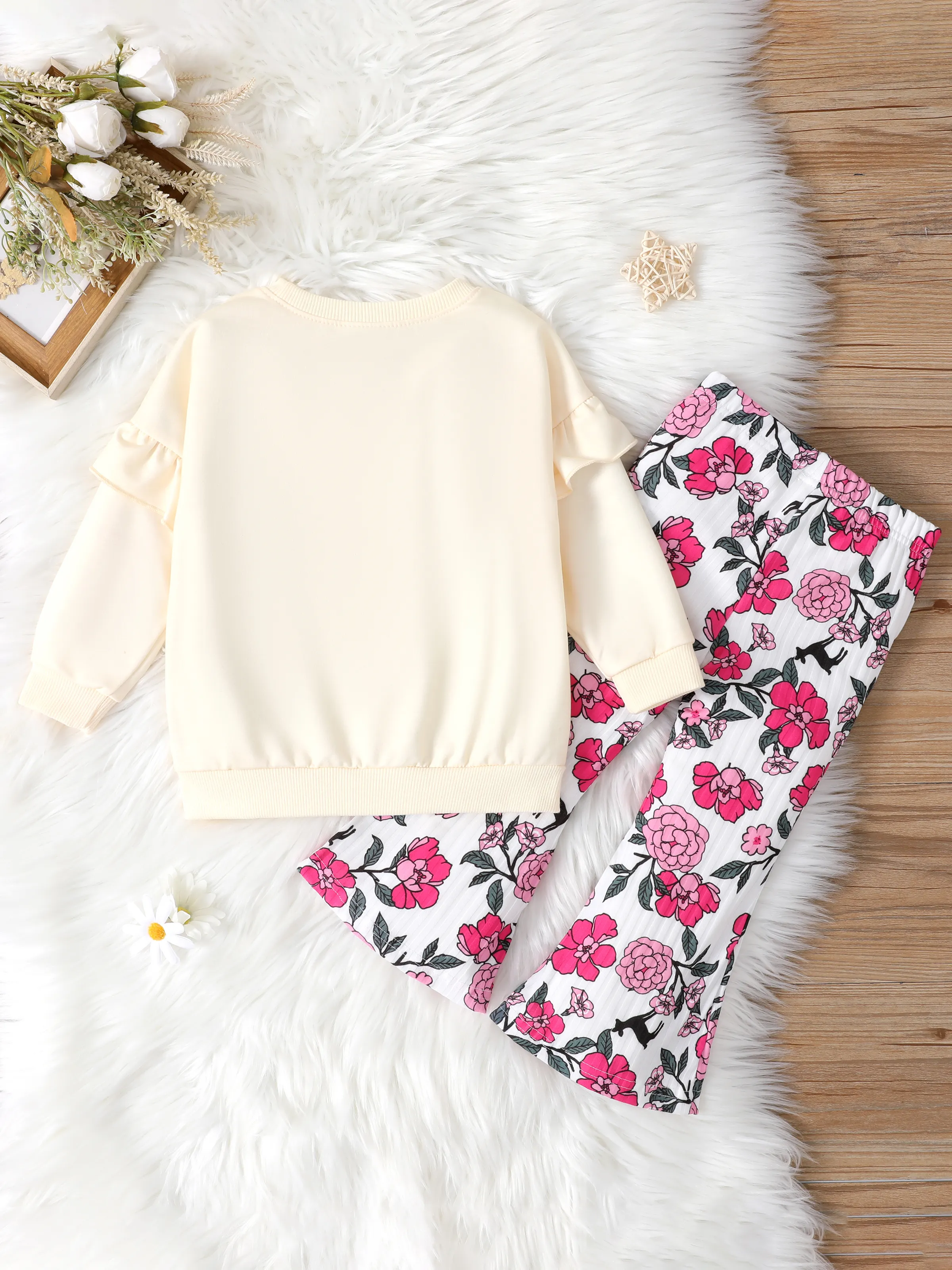 Toddler Girl 2pcs Dear Ruffled Sweatshirt and Floral Flared Pants Set Color block - Image 11