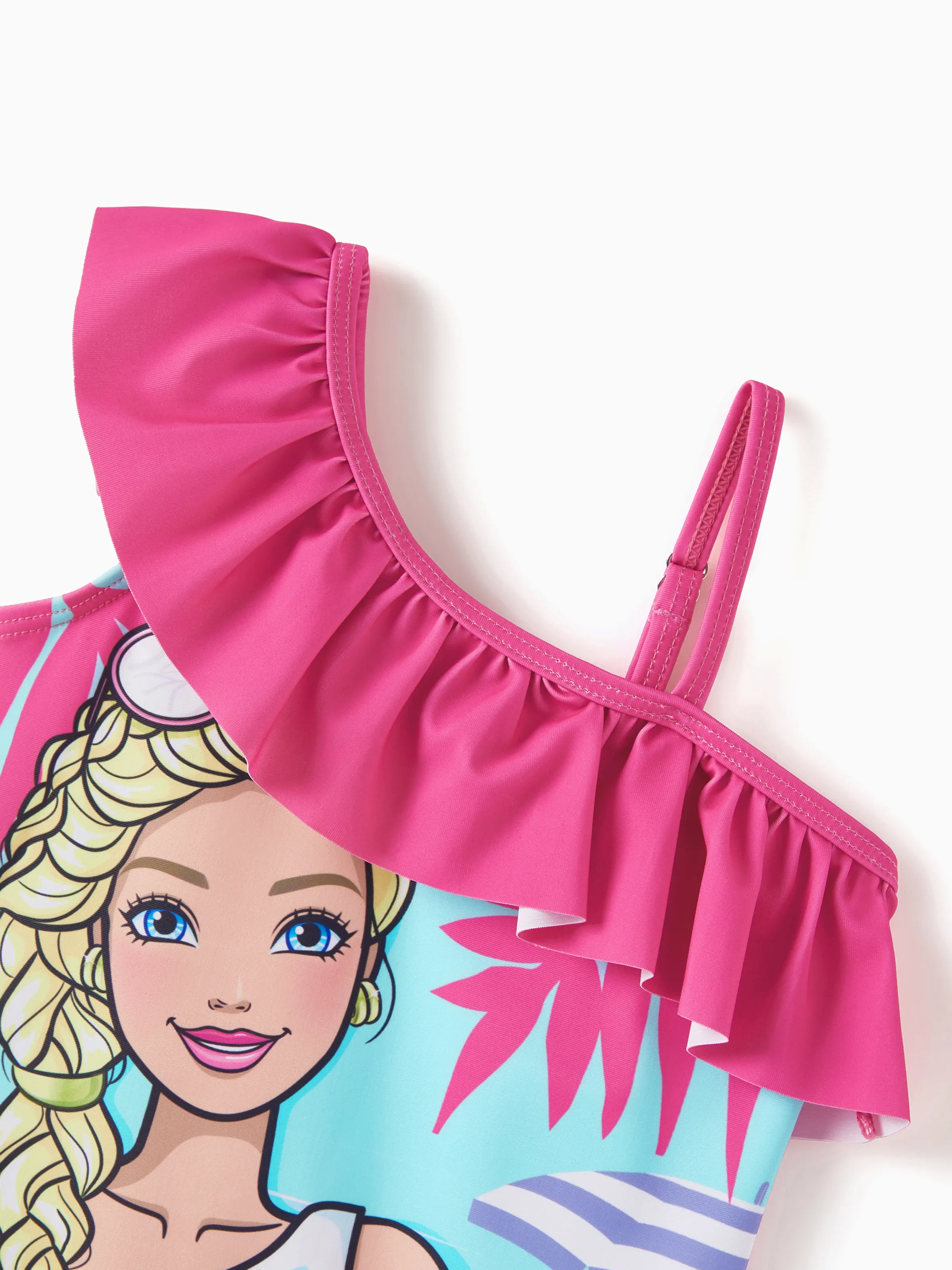 Toddler Girl Barbie Girls Ruffled Tropical Floral Print Swimsuit Hot Pink - Image 5