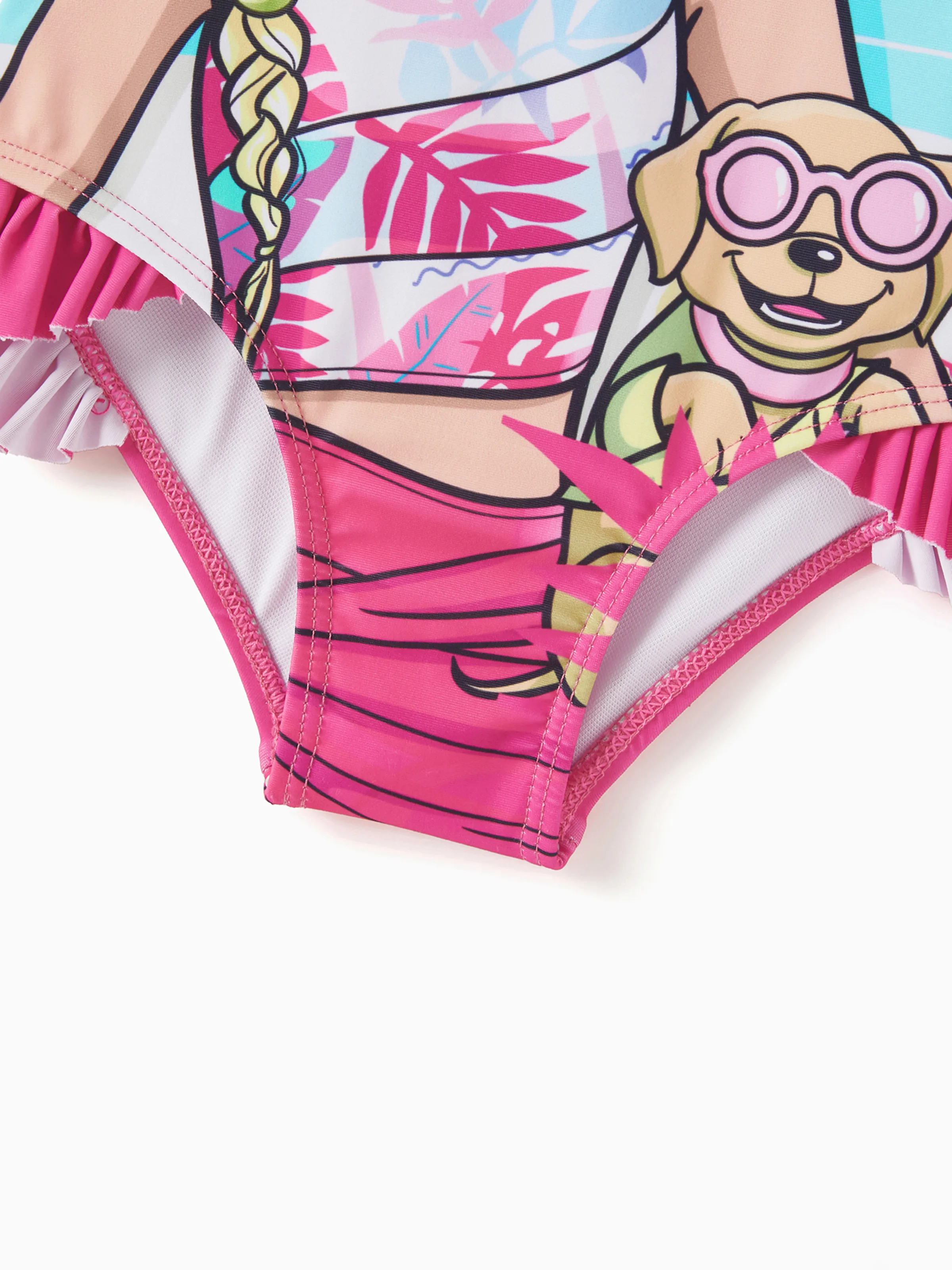 Toddler Girl Barbie Girls Ruffled Tropical Floral Print Swimsuit Hot Pink - Image 6