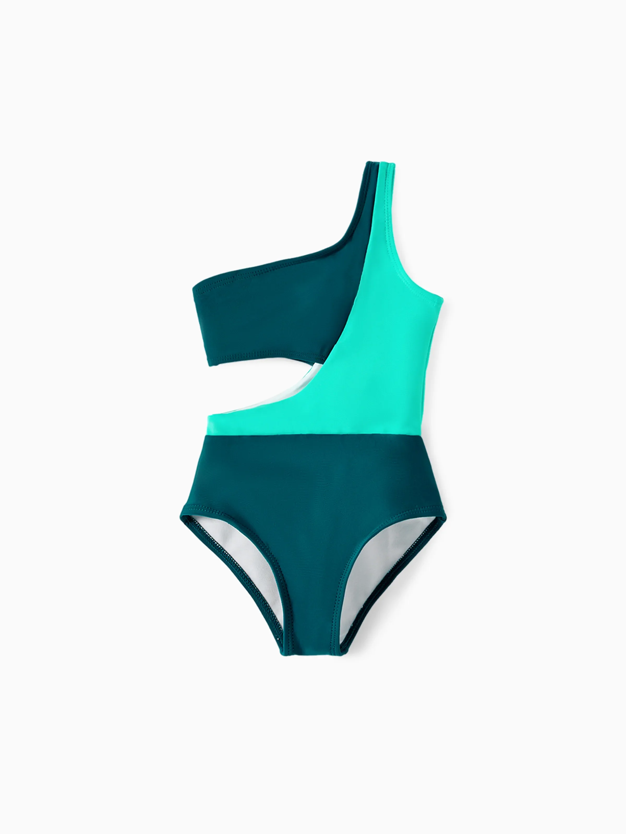 Toddler Girl Colorblock One Shoulder Cut Out One-piece Swimsuit  Deep Turquoise - Image 3