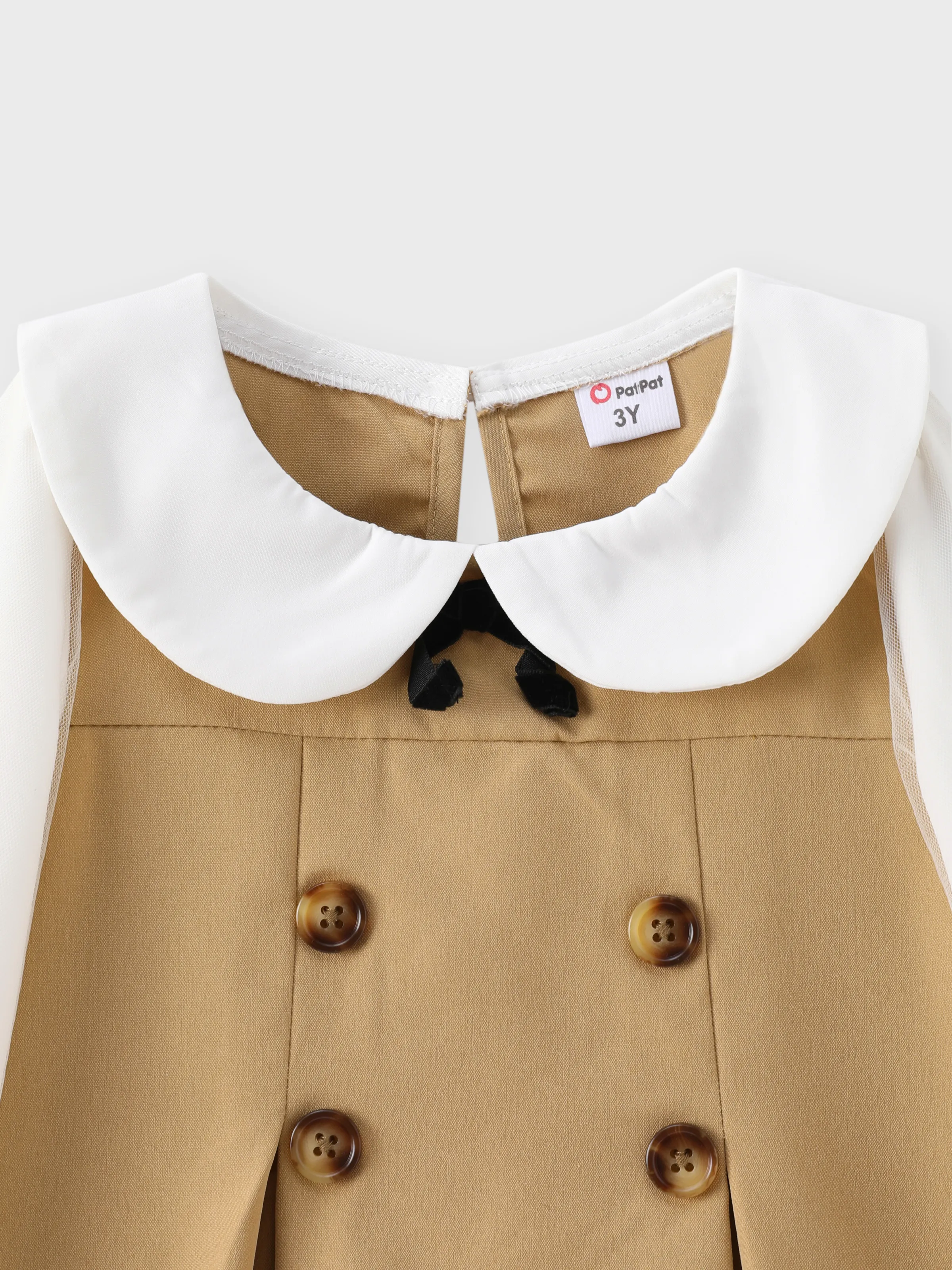 Toddler Girl Doll Collar Bowknot Design Mesh Long-sleeve Khaki Dress Khaki - Image 7