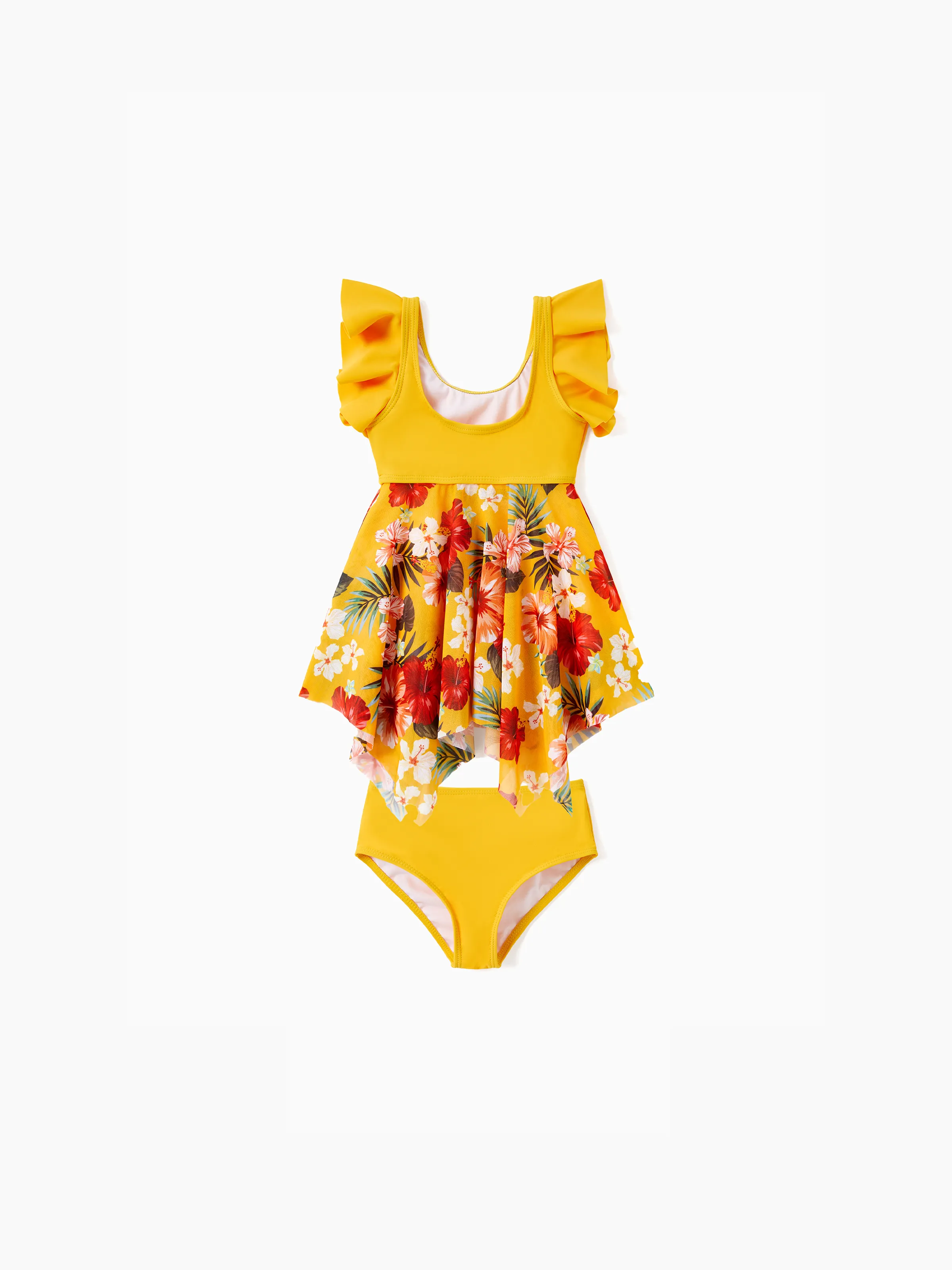Toddler Girl Floral Drawstring Flowy Spliced Mesh Swim Dress with Triangle Swim Bottom Yellow - Image 3