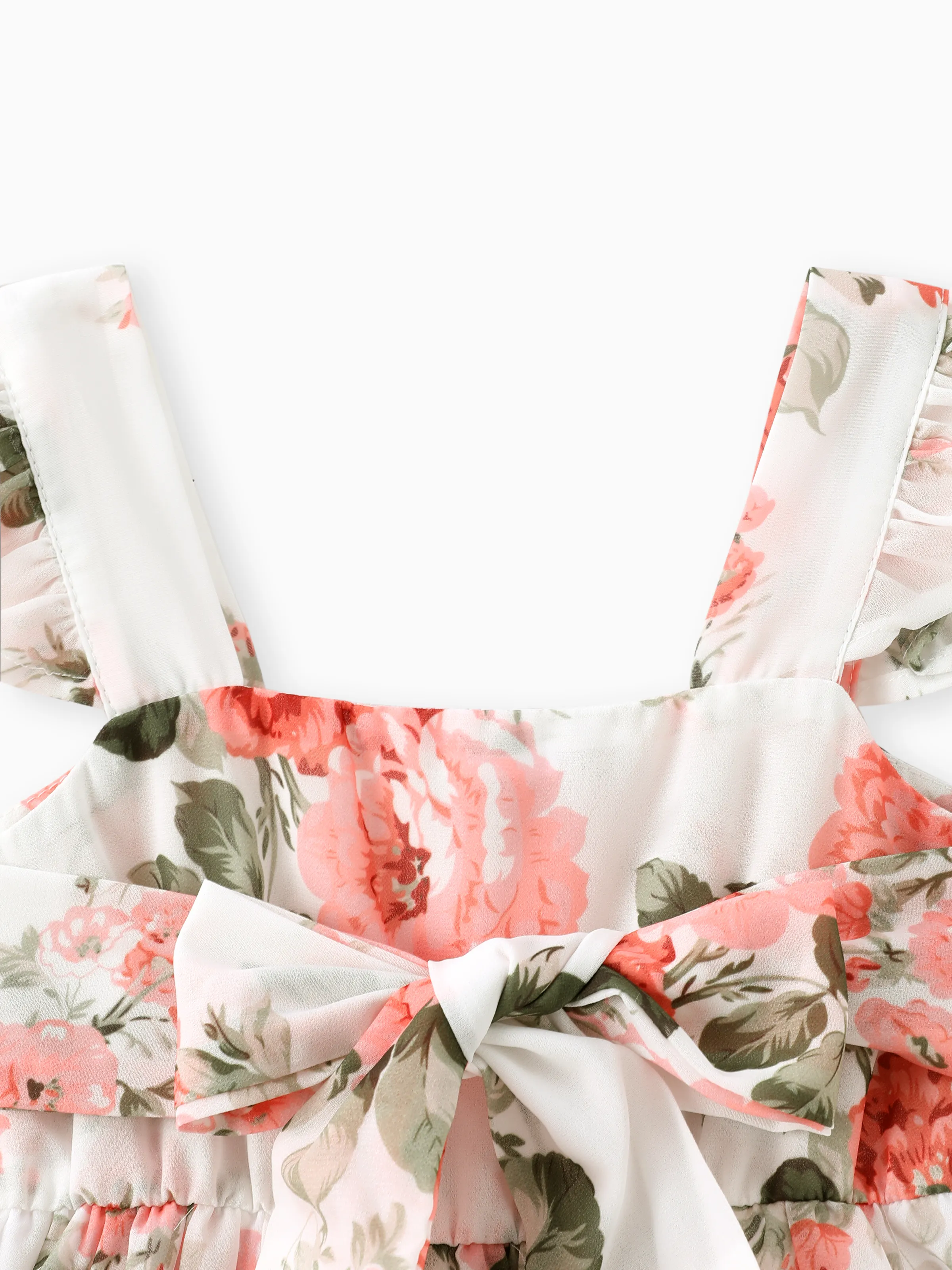 Toddler Girl Floral Print Square Neck Ruffled Bowknot Design Sleeveless Strap Dress Pink - Image 3
