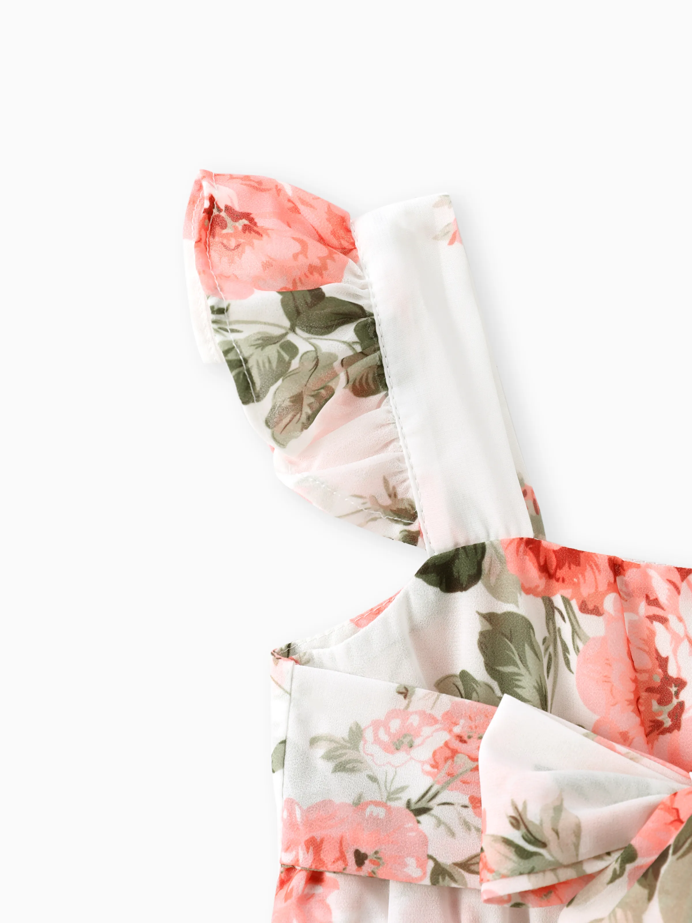 Toddler Girl Floral Print Square Neck Ruffled Bowknot Design Sleeveless Strap Dress Pink - Image 4