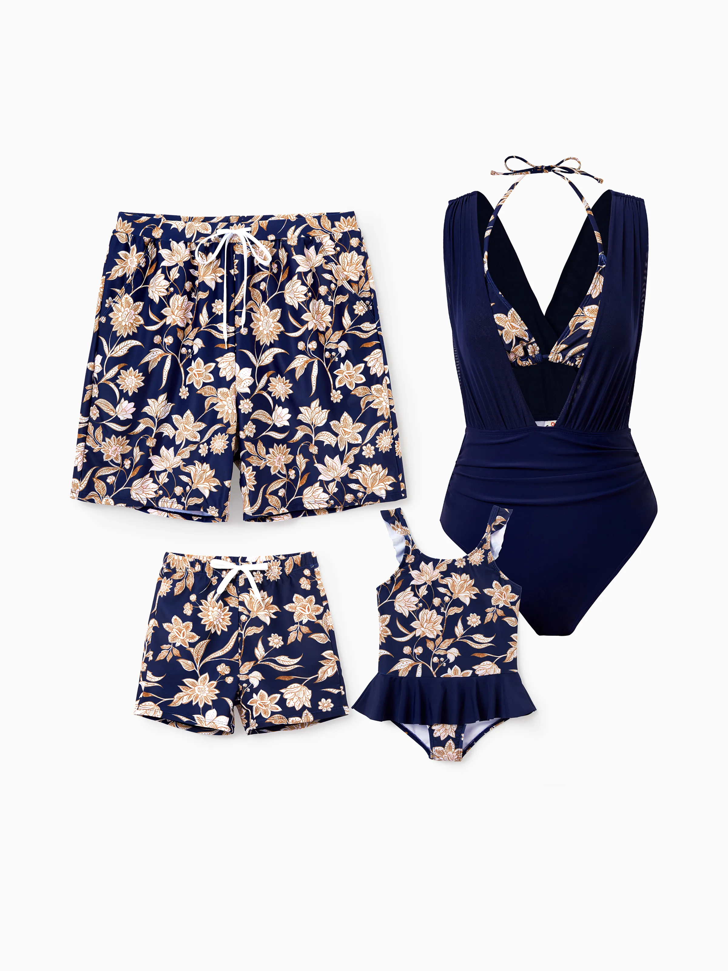 Toddler Girl Floral Print Swimsuits 2-in-1 One-Piece Swimsuit Deep Blue - Image 2