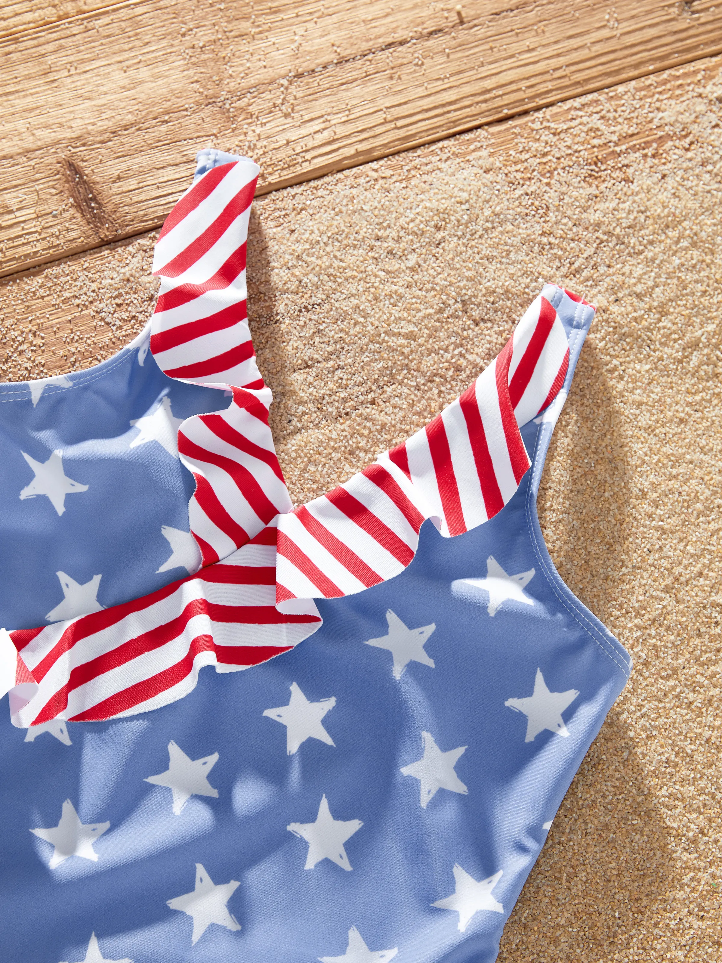 Toddler Girl Independence Day 4th of July Patriotic Swimwear Stars Stripes Ruffled Layers V-neck One-Piece Swimsuits Blue - Image 4