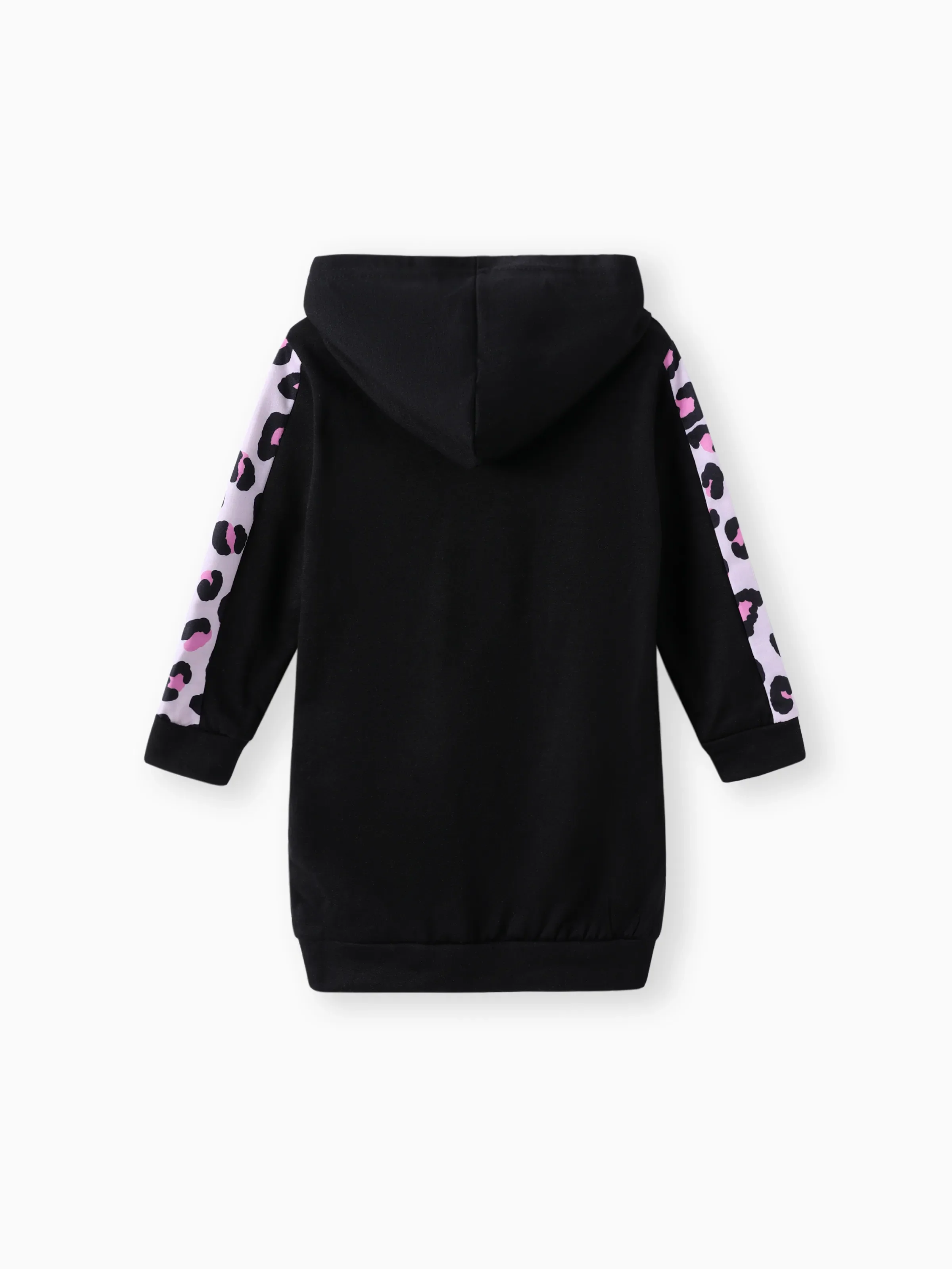 Toddler Girl Letter Leopard Print Black Long-sleeve Hooded Sweatshirt Dress Black - Image 2