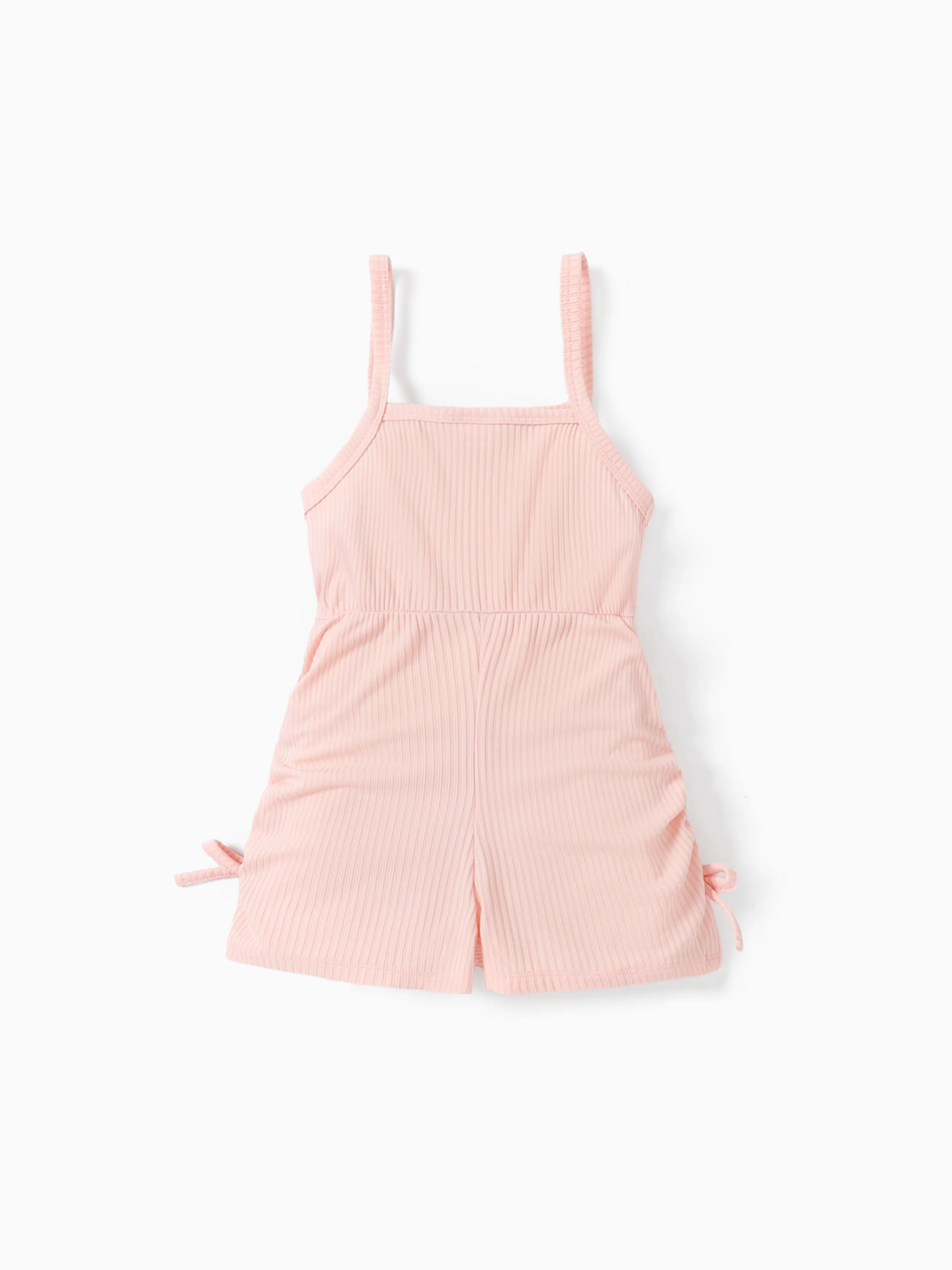 Toddler Girl Letter Print Drawstring Ruched Side Ribbed Cami Romper Pink - Image 5