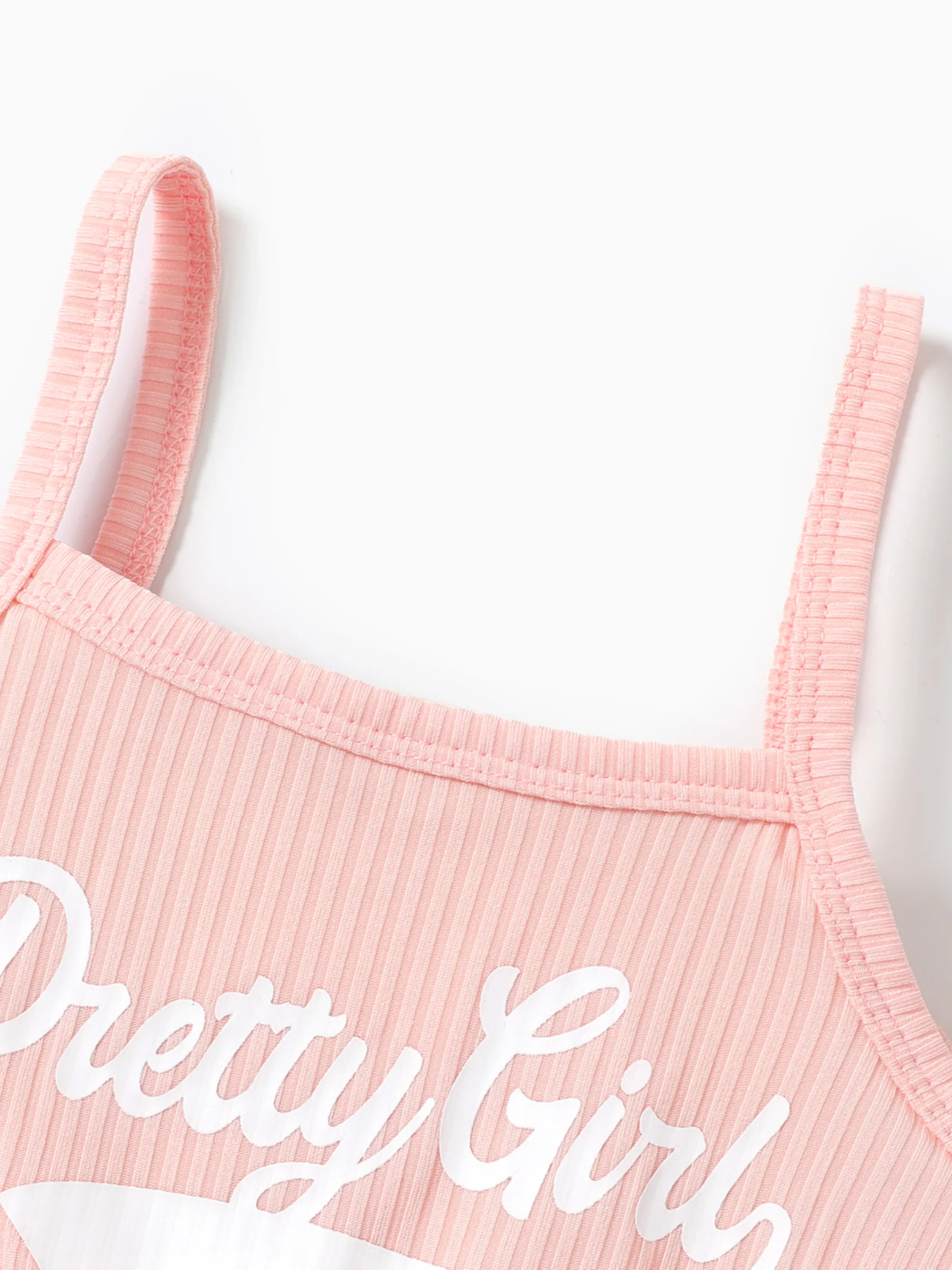 Toddler Girl Letter Print Drawstring Ruched Side Ribbed Cami Romper Pink - Image 6