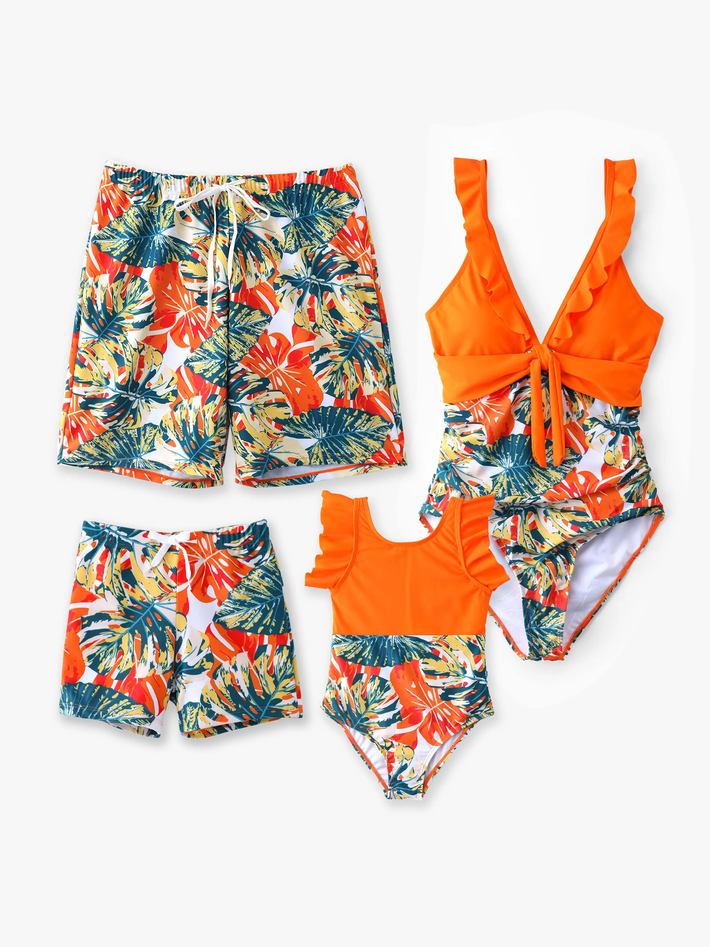 Toddler Girl Orange and All Over Tropical Plant Print Splicing Ruffle One-Piece Swimsuit Orange color - Image 2
