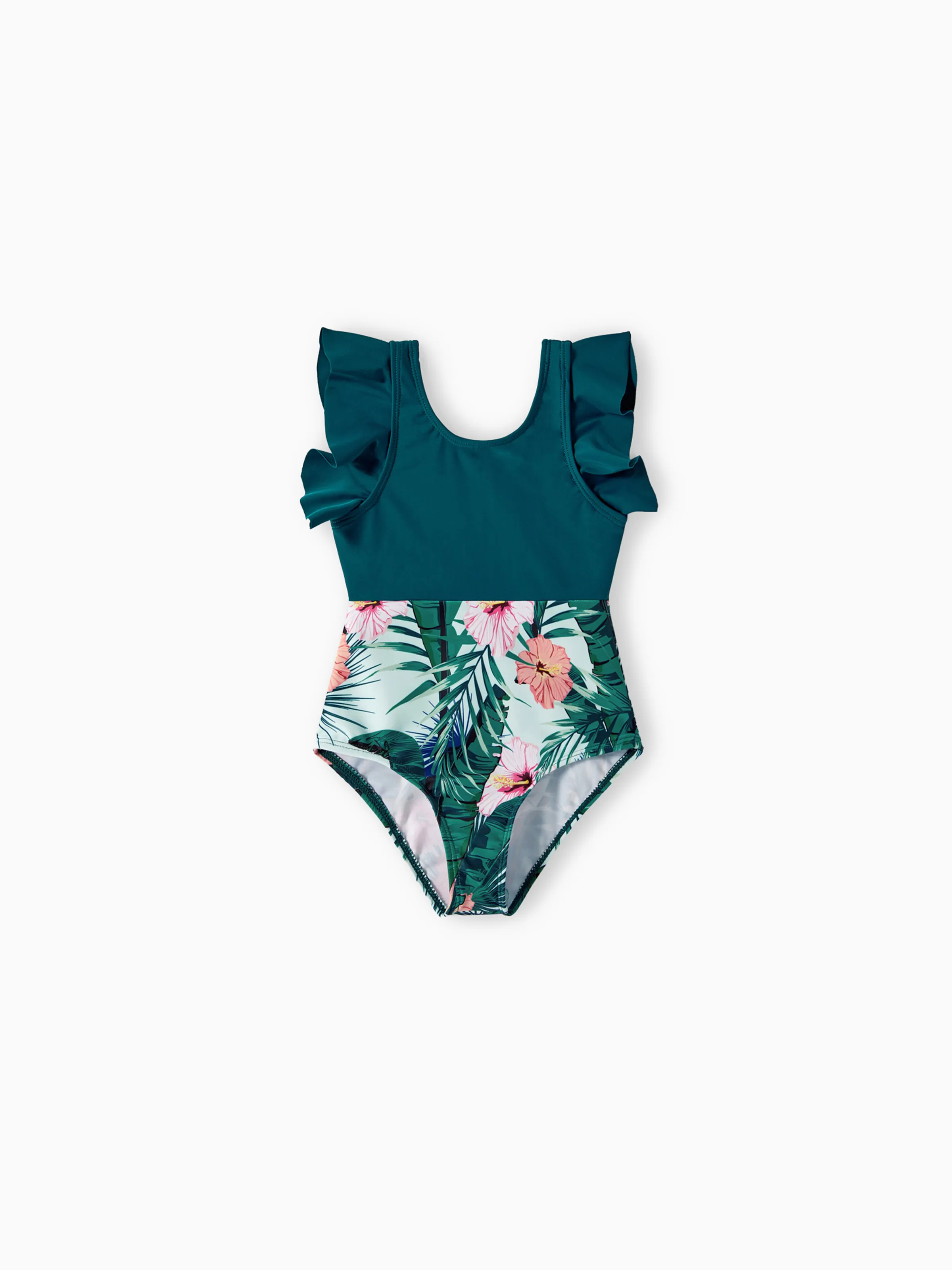 Toddler Girl Plant Print Ruffle Trim Spliced One-piece Swimsuit or Swim Trunks Green - Image 4
