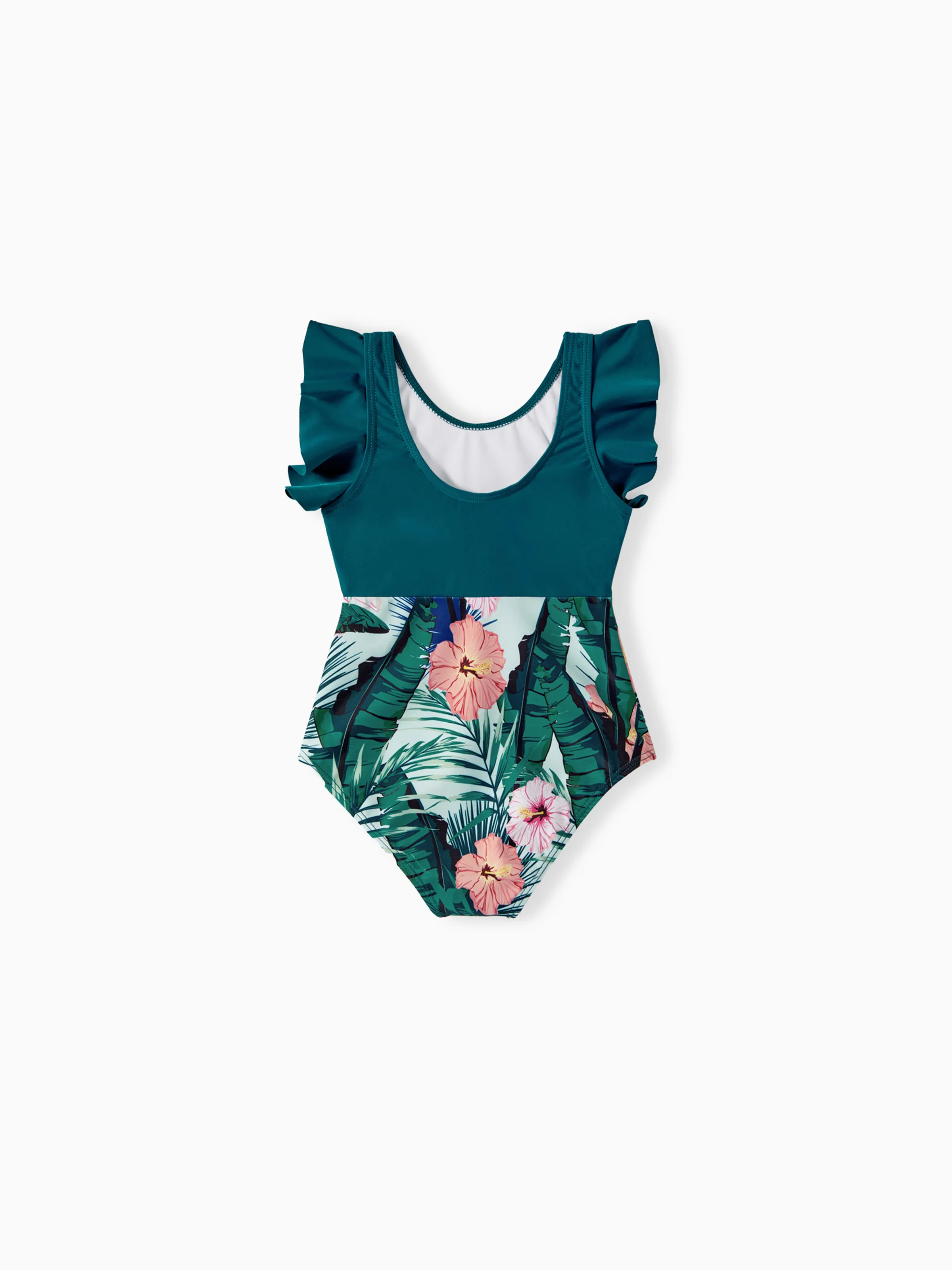 Toddler Girl Plant Print Ruffle Trim Spliced One-piece Swimsuit or Swim Trunks Green - Image 5