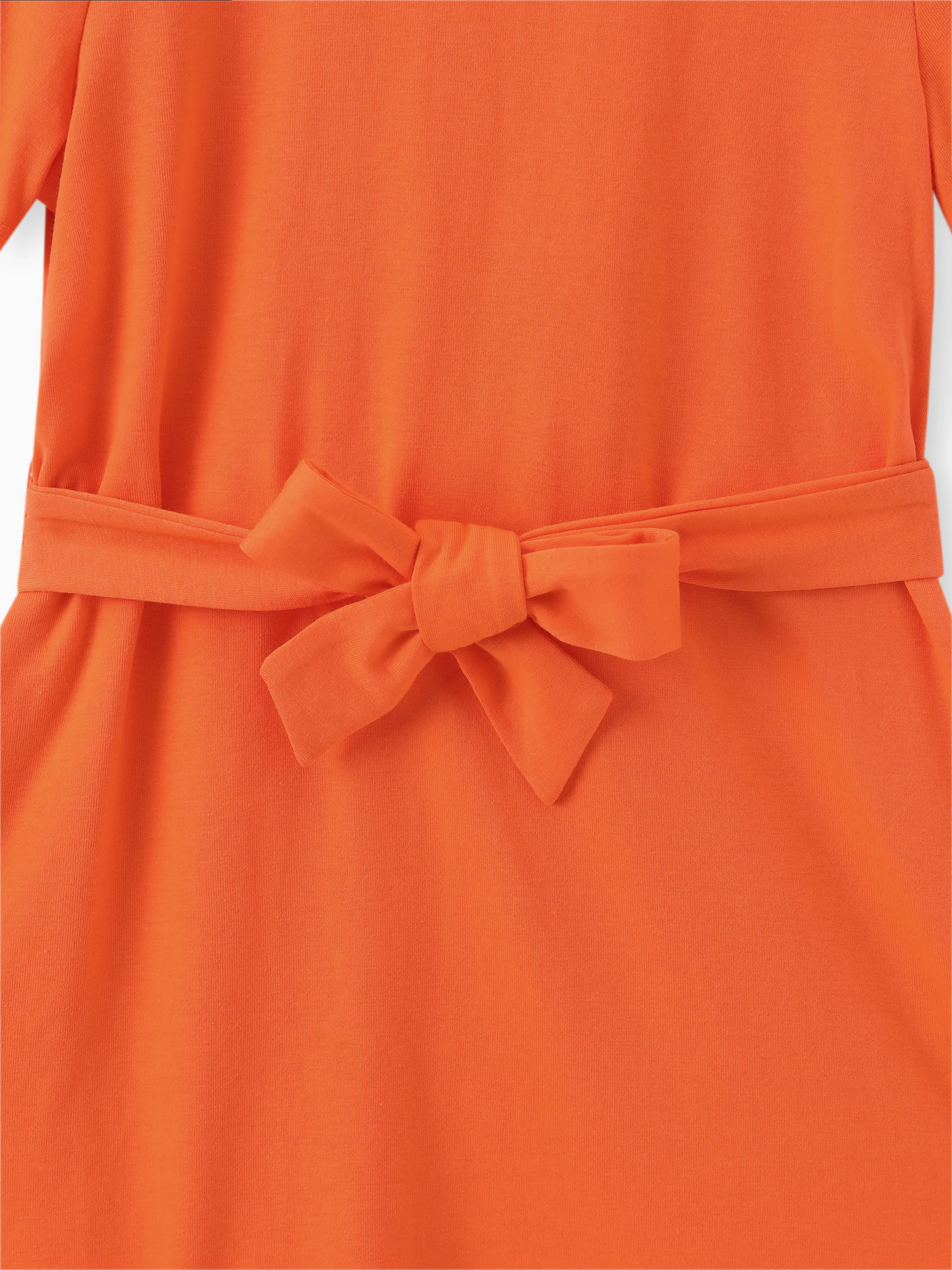 Toddler Girl Solid Curved Hem Short-sleeve Belted Dress Orange color - Image 4