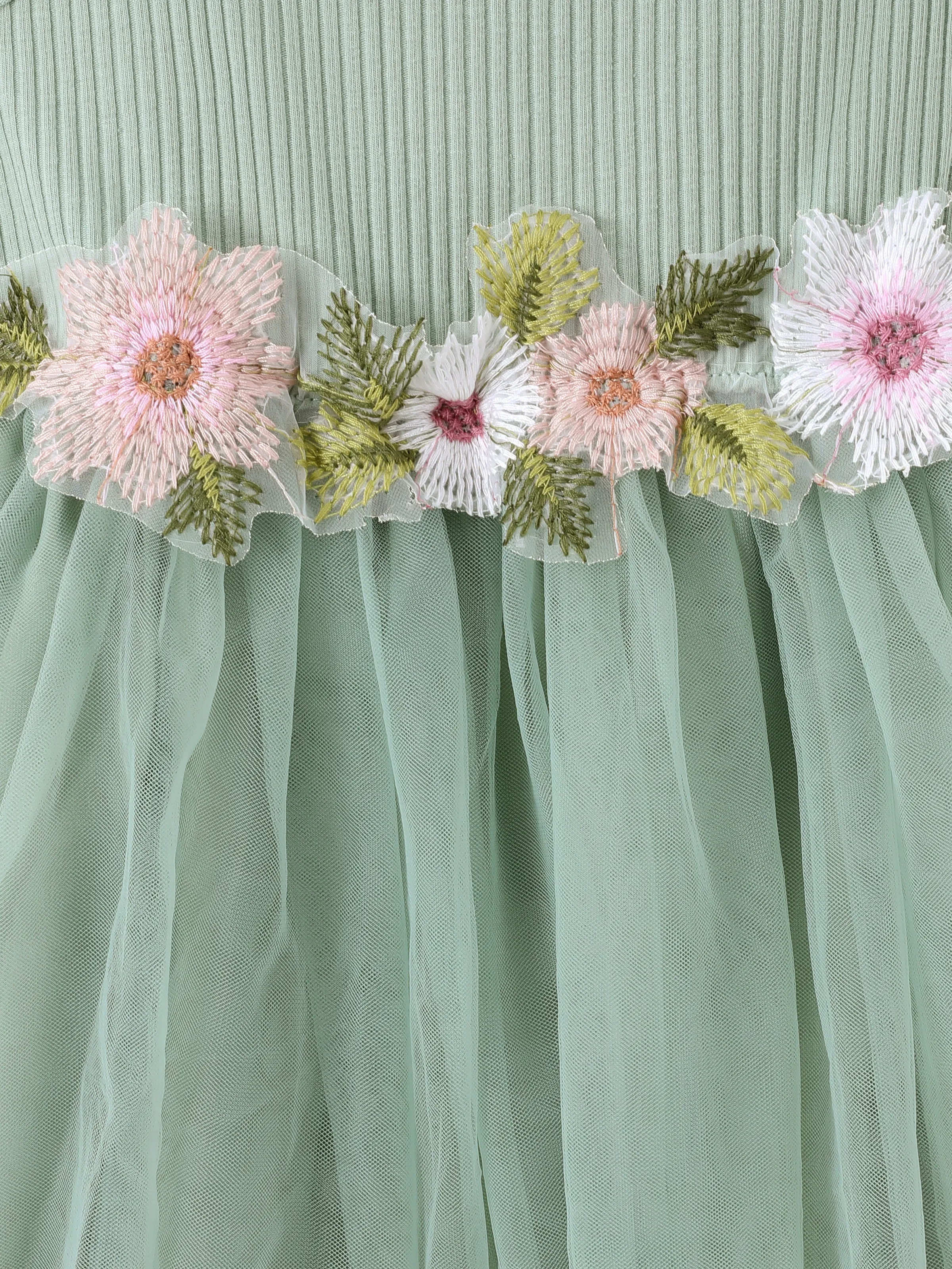 Toddler Girl Sweet Floral Decor Ribbed Panel Mesh Overlay Fairy Dress Green - Image 2