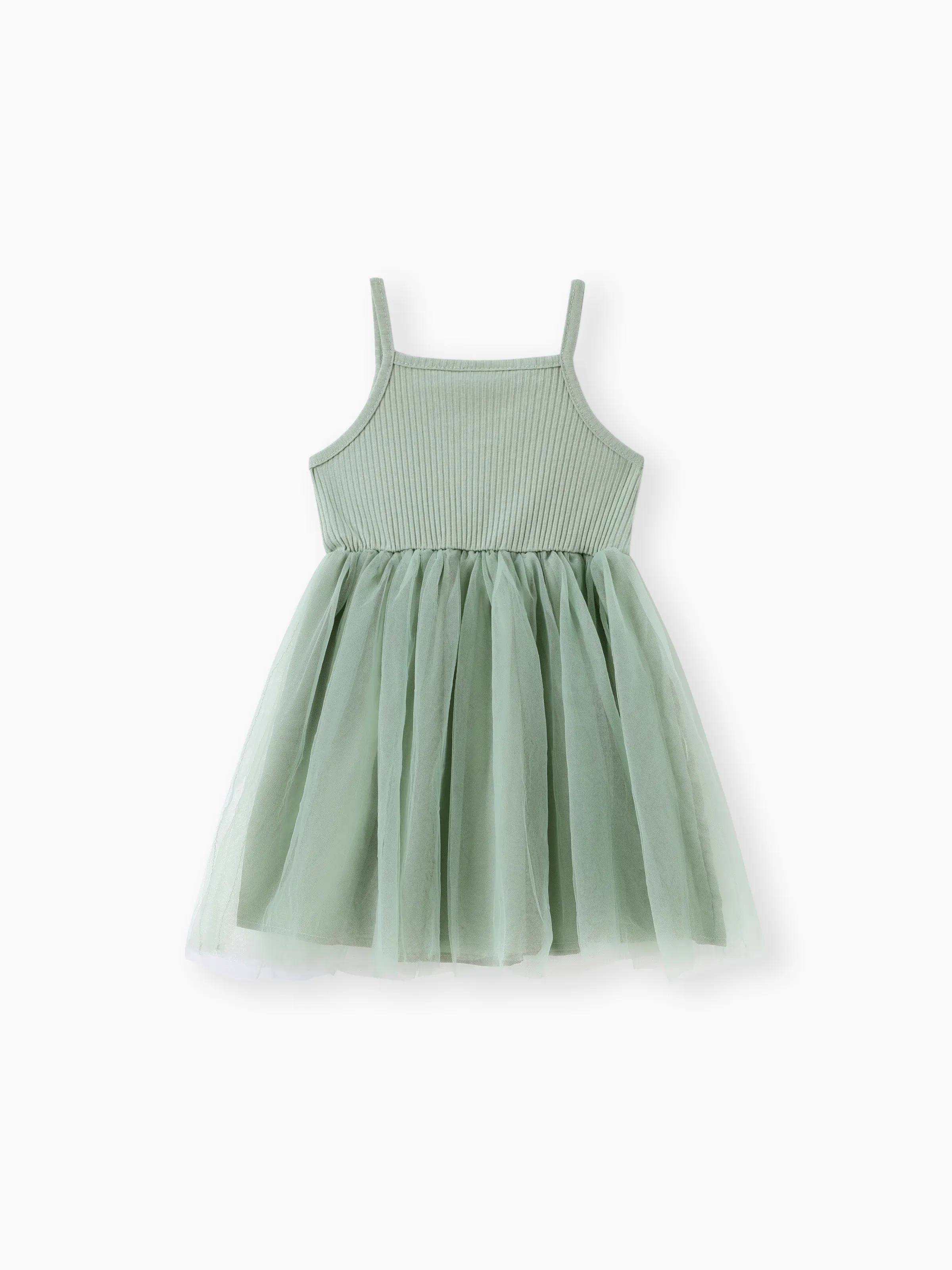 Toddler Girl Sweet Floral Decor Ribbed Panel Mesh Overlay Fairy Dress Green - Image 5