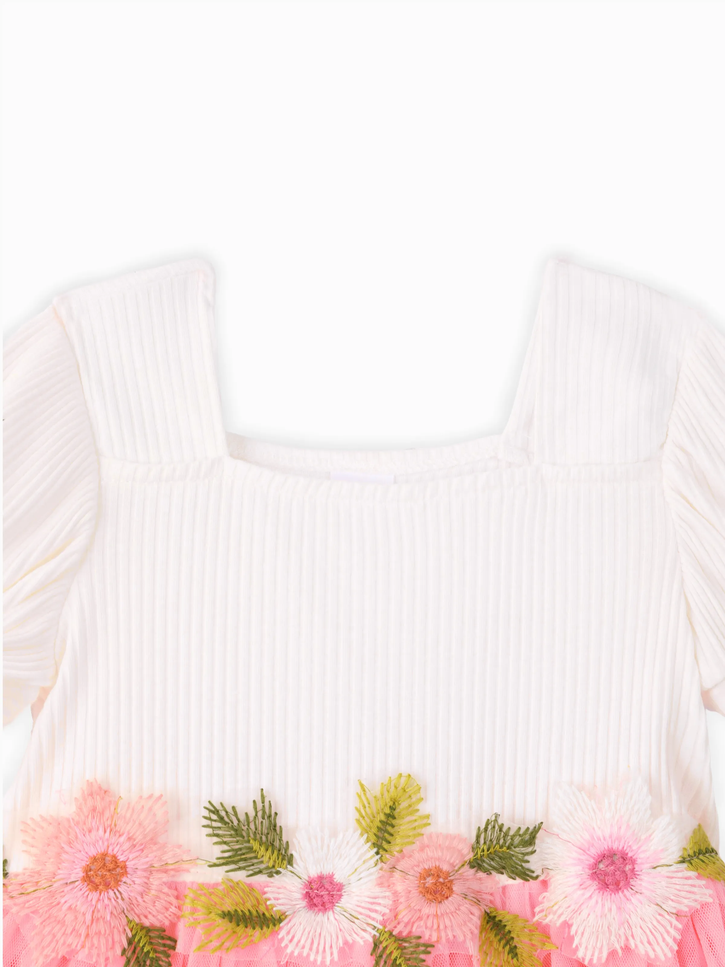 Toddler Girl Sweet Floral Design Mesh Splice Puff-sleeve Dress PinkyWhite - Image 4