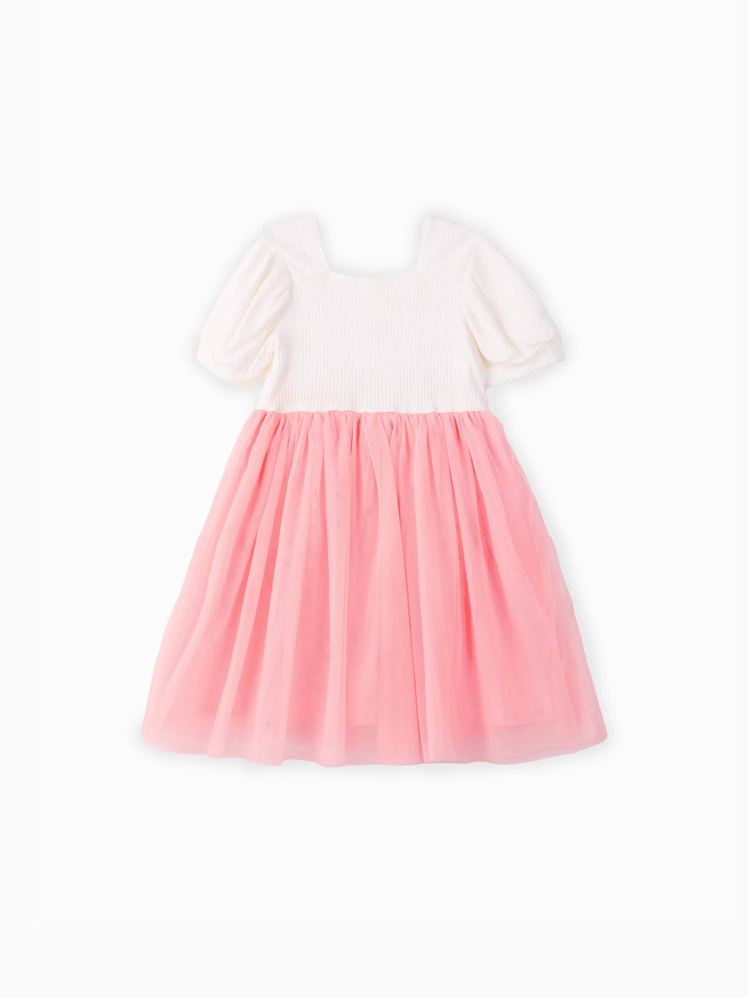 Toddler Girl Sweet Floral Design Mesh Splice Puff-sleeve Dress PinkyWhite - Image 5