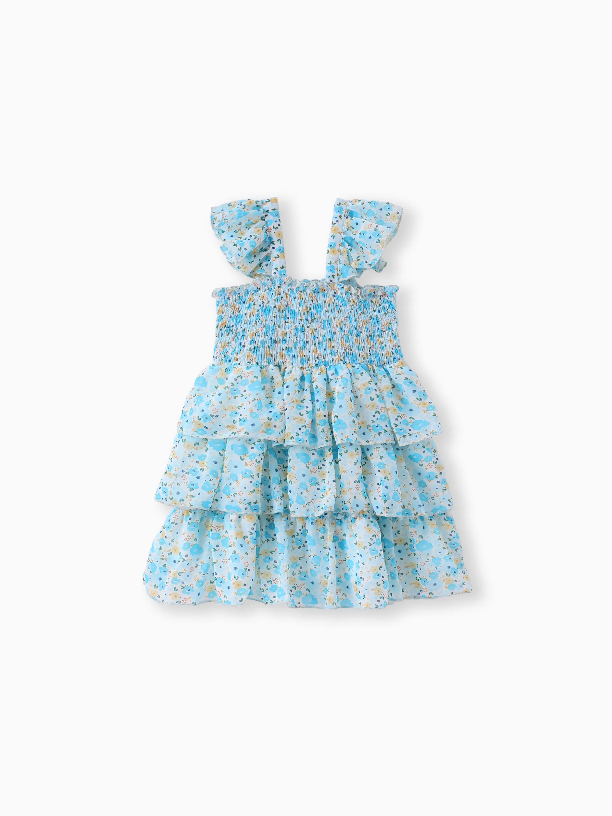 Toddler Girl Sweet Floral Print Smocked Ruffled Sleeveless Dress Blue - Image 6