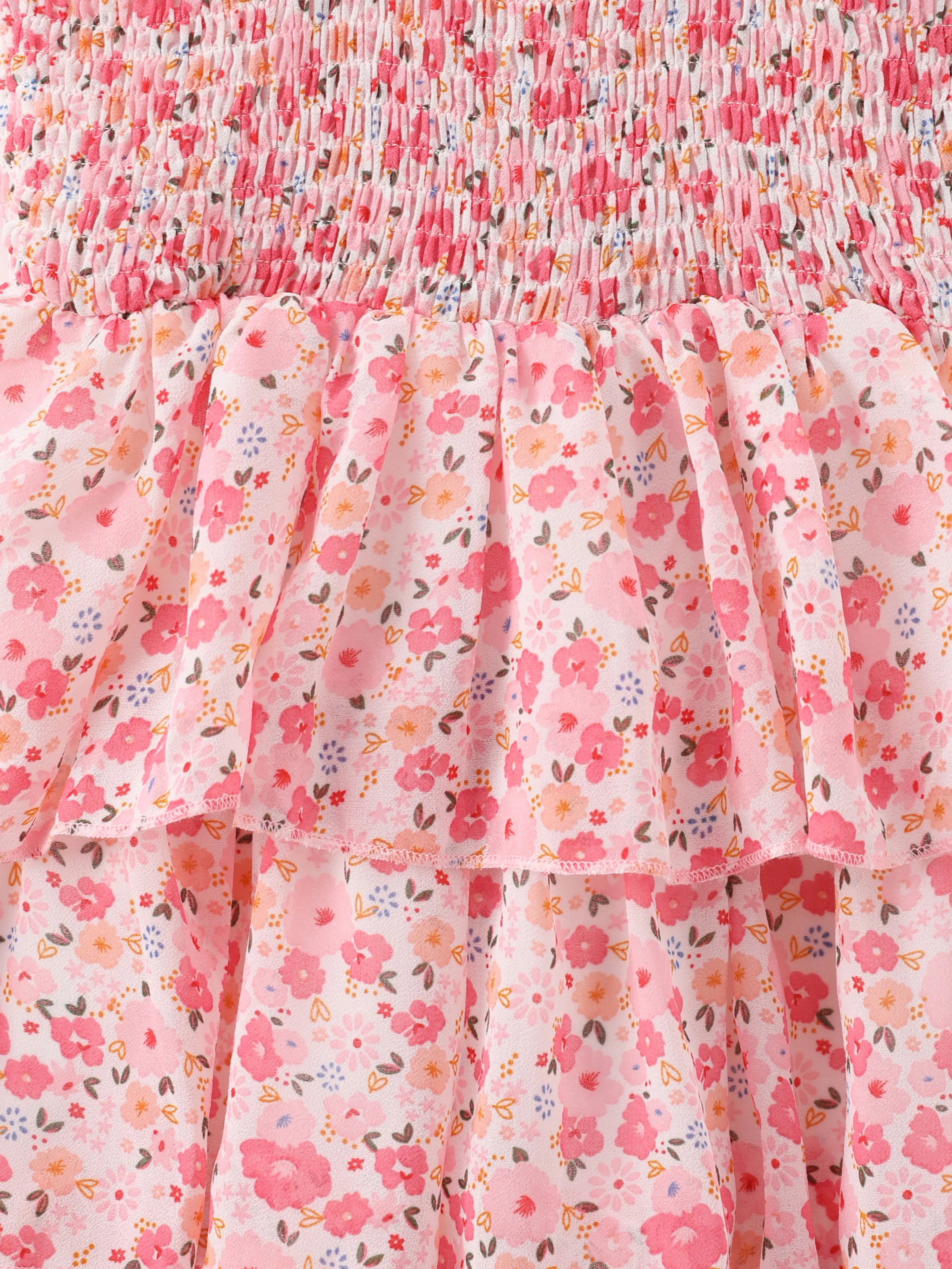 Toddler Girl Sweet Floral Print Smocked Ruffled Sleeveless Dress Pink - Image 2