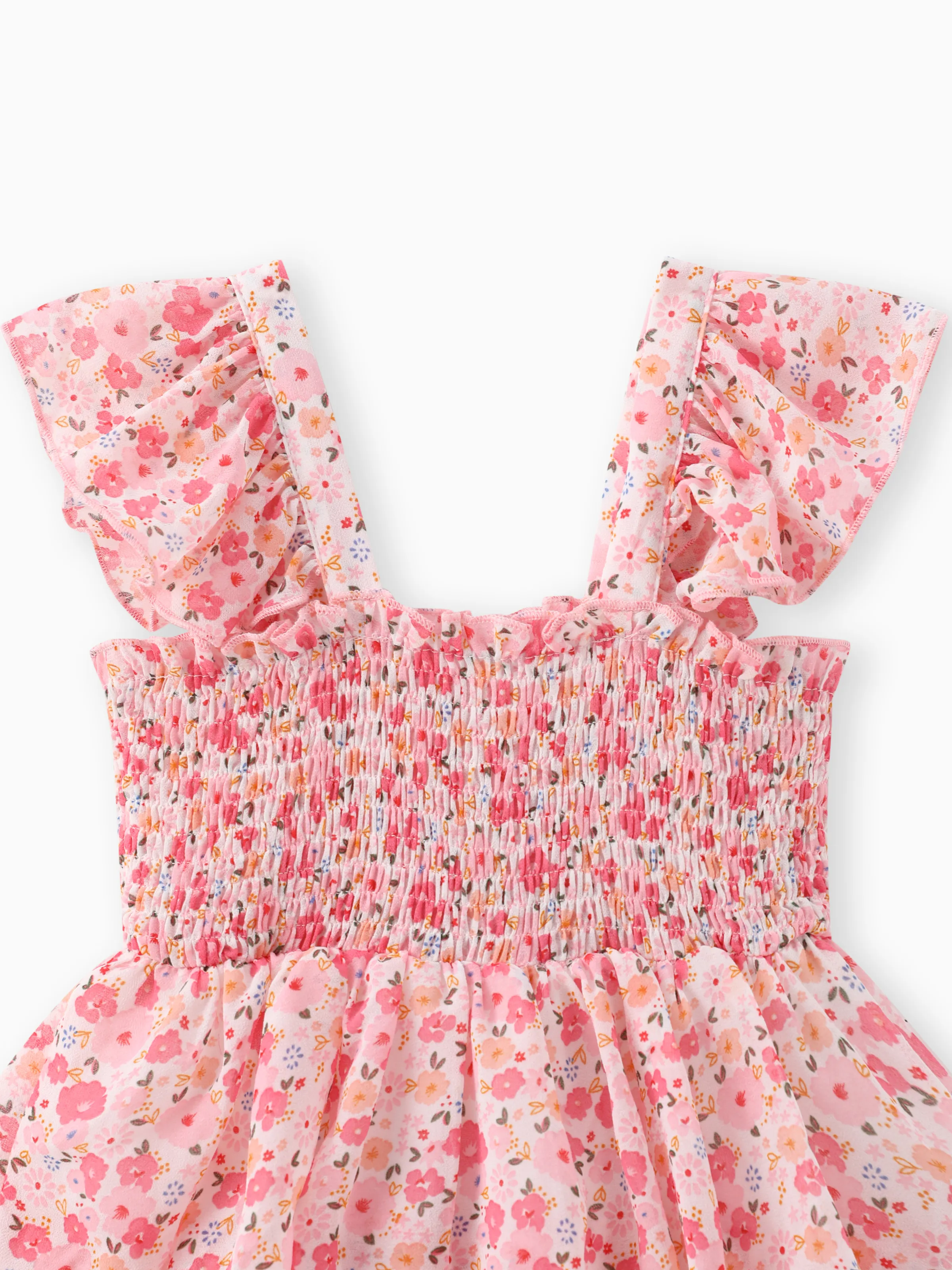 Toddler Girl Sweet Floral Print Smocked Ruffled Sleeveless Dress Pink - Image 3