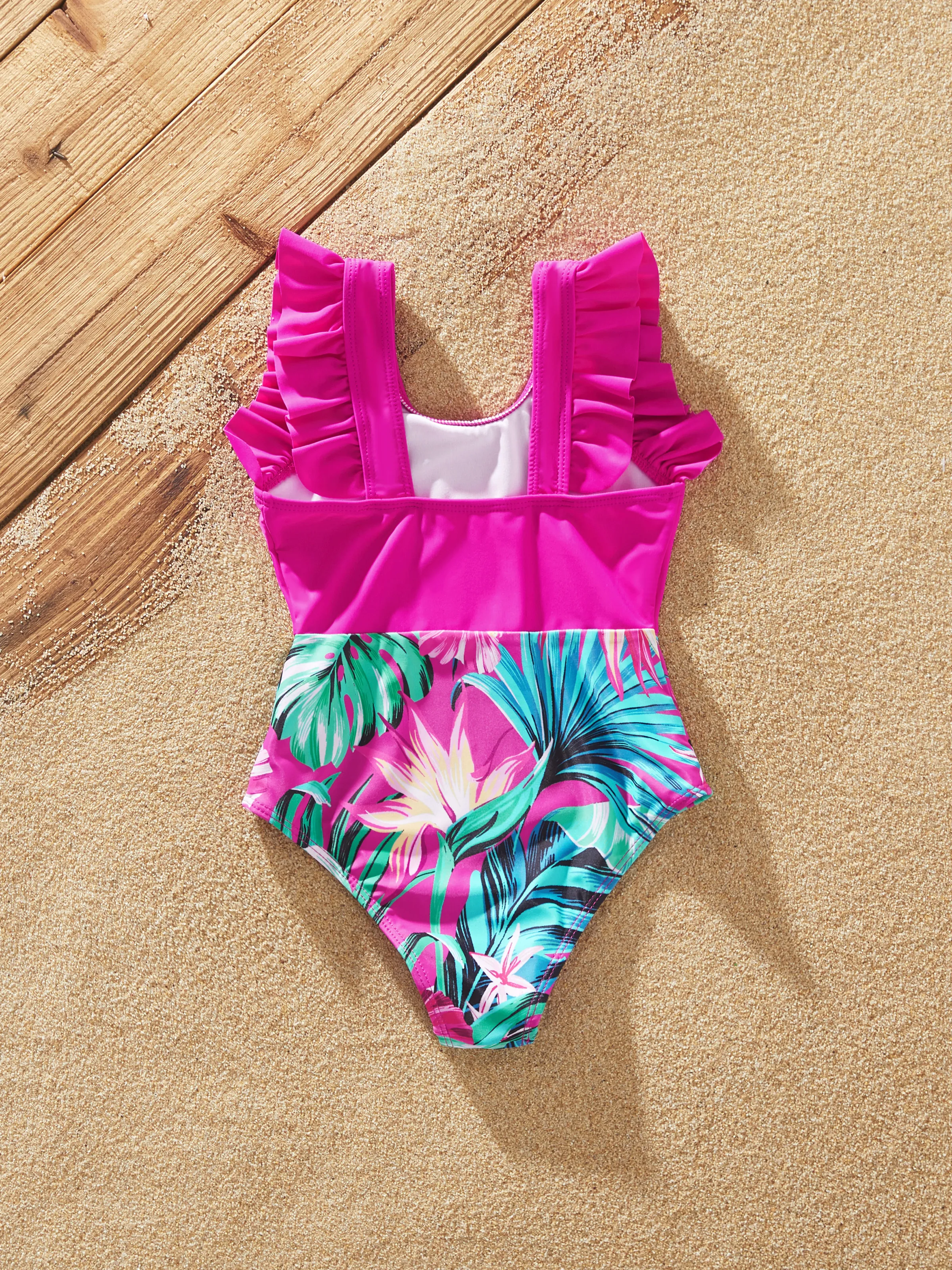 Toddler Girl Swimsuits Tropical Pink Leaf Print Halter One-Piece Swimwear Set Pink - Image 3