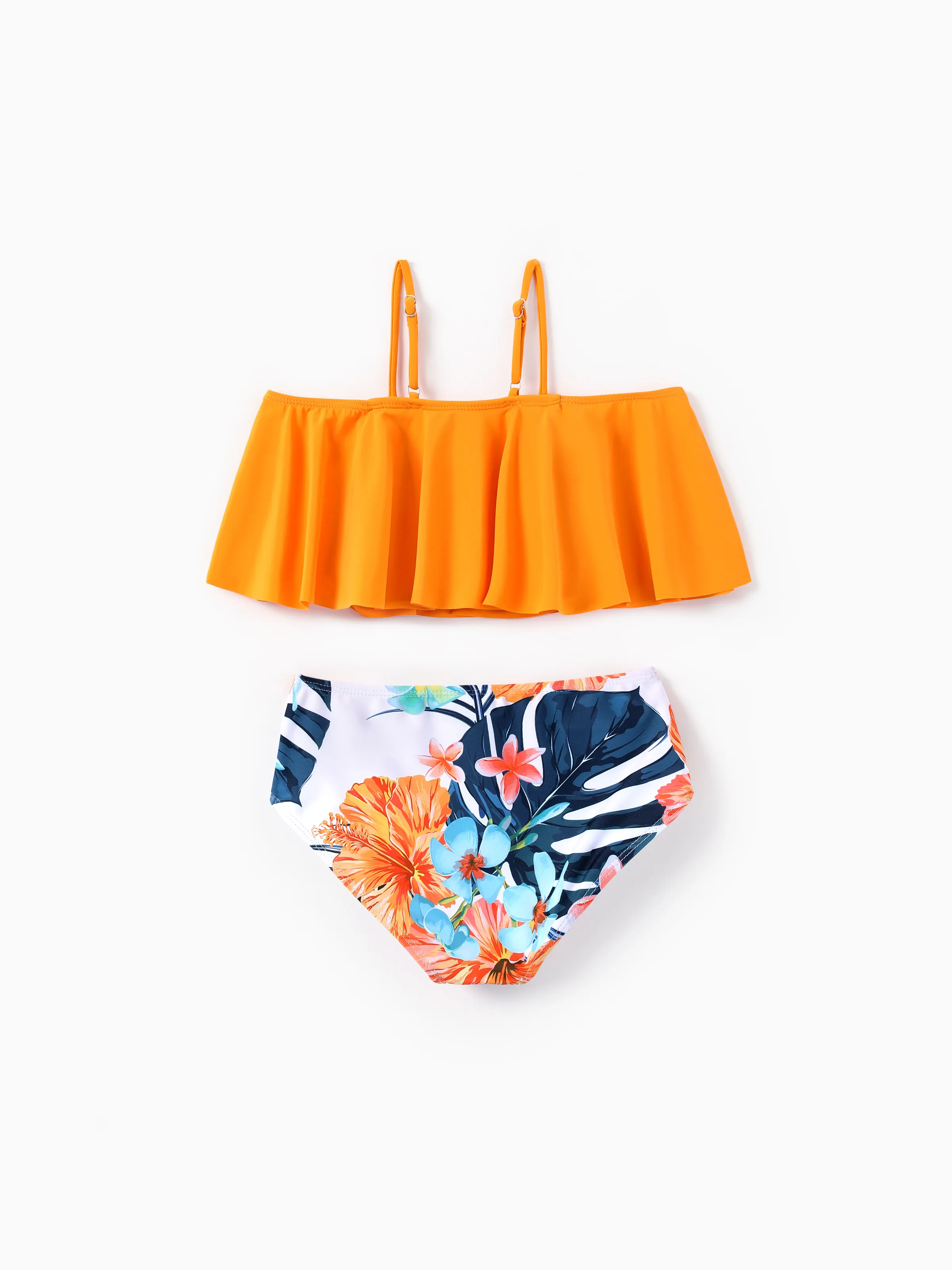 Toddler Girl Swimwear Tropical Floral Bikini Set with Ruffle Top for girls Bright Summer Beach Outfits Orange - Image 3