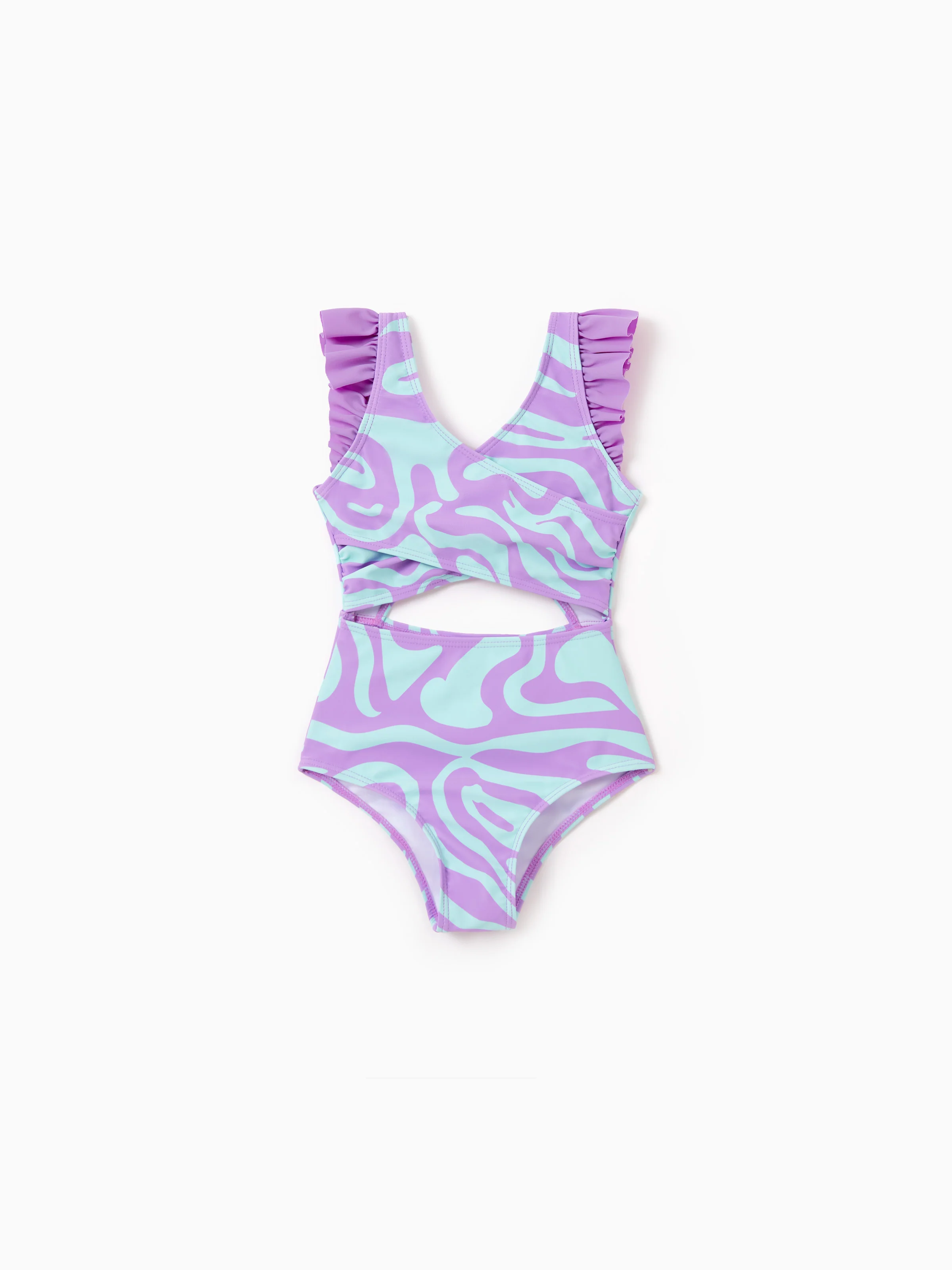 Toddler Girl Trendy Purple & Blue Wave Print Midriff Cutout One-Piece Swimsuit Purple - Image 3