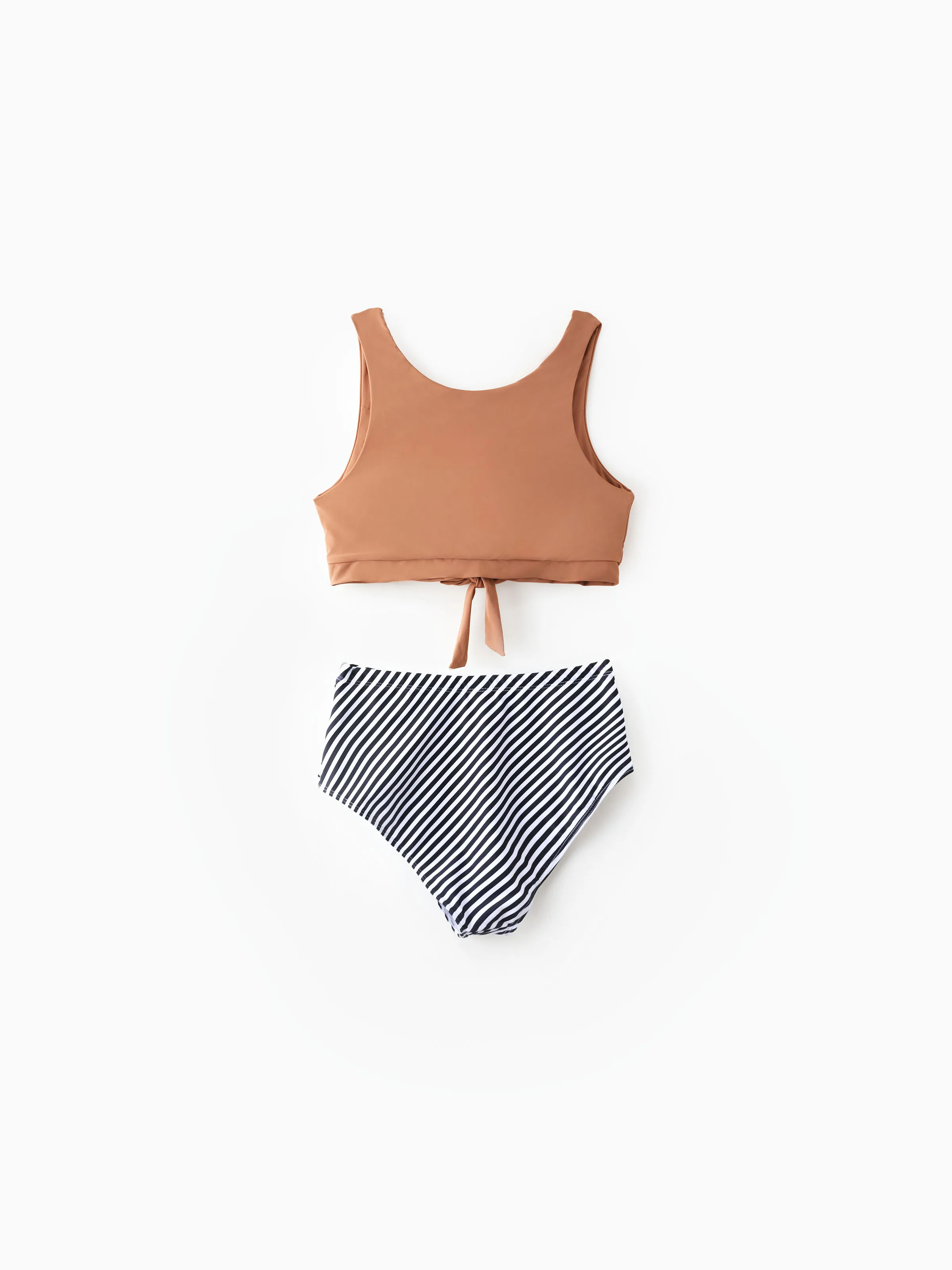 Toddler Girl Vertical Stripe Drawstring Besties Printed Crop Tank Bikini Khaki - Image 3