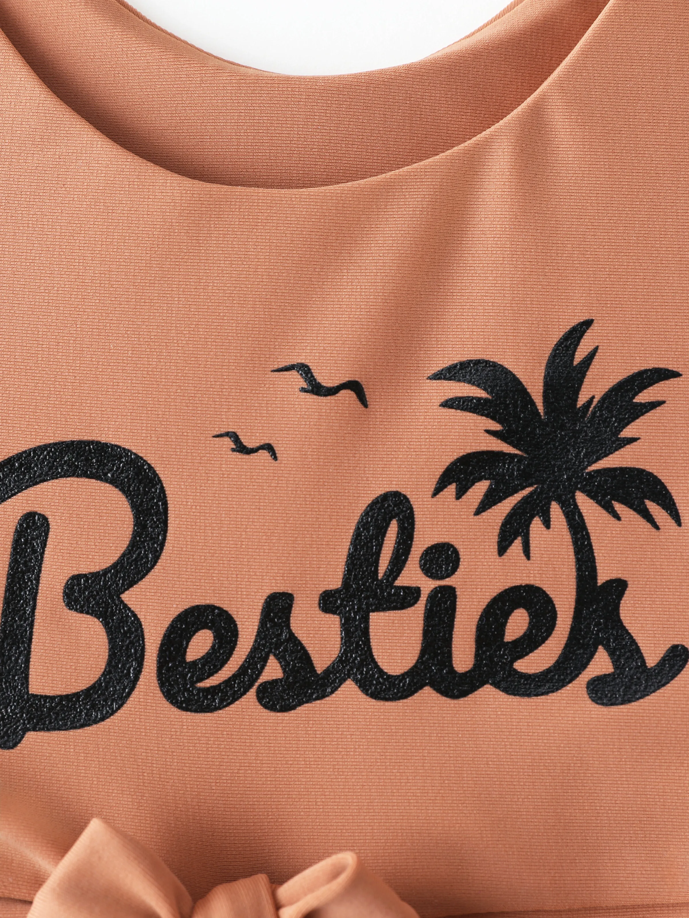Toddler Girl Vertical Stripe Drawstring Besties Printed Crop Tank Bikini Khaki - Image 5