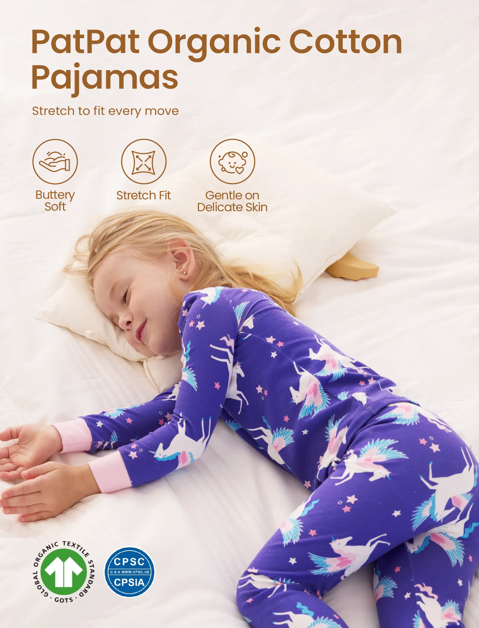 Toddler / Kids 2-piece Organic Cotton Pajamas with Childlike Print Snug fit Pjs for Girls / Boys Purple - Image 3