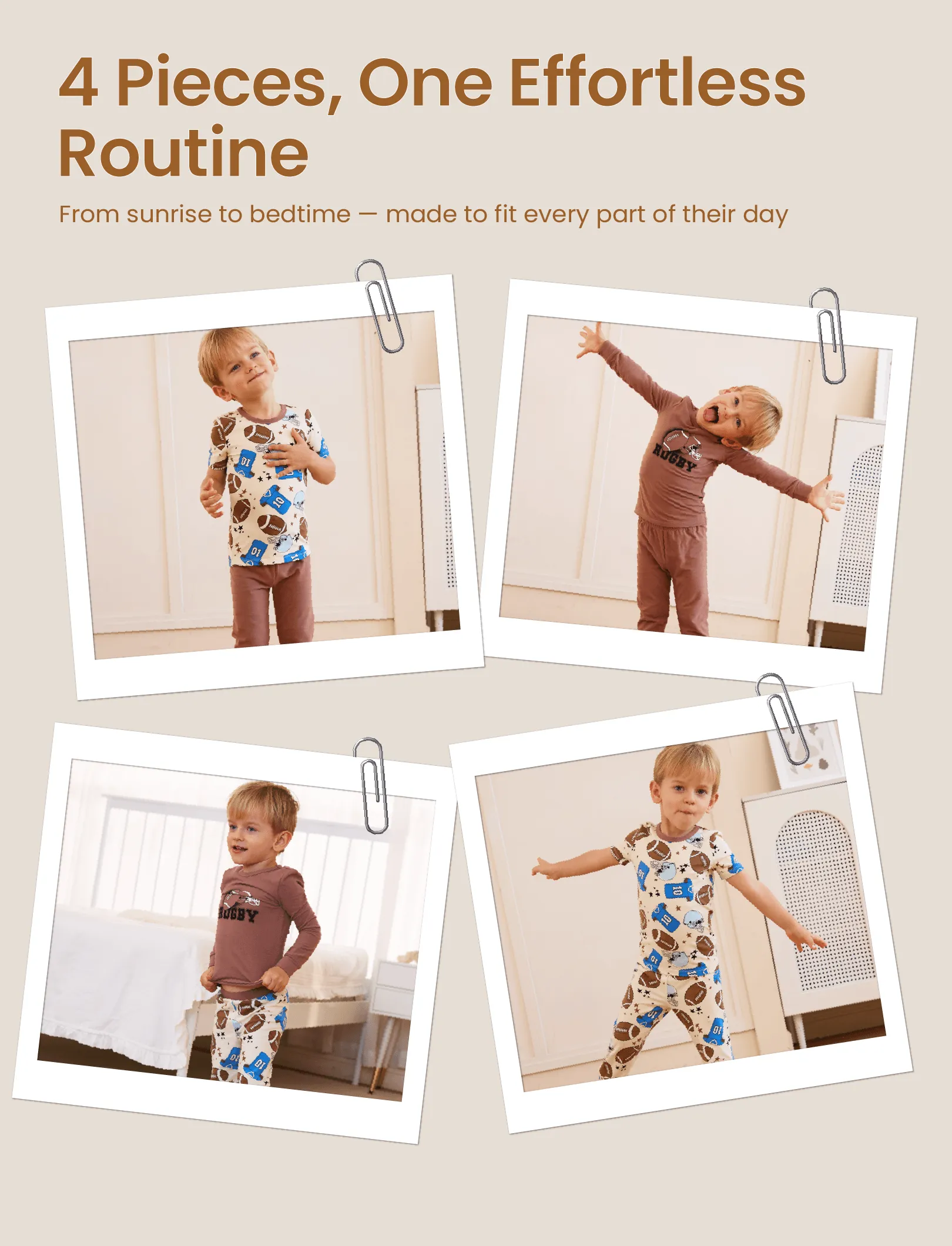 Toddler / Kids 4-piece Organic Cotton Pajamas 4-in 1 PJ Snug fit Pjs for Girls / Boys Brown - Image 4