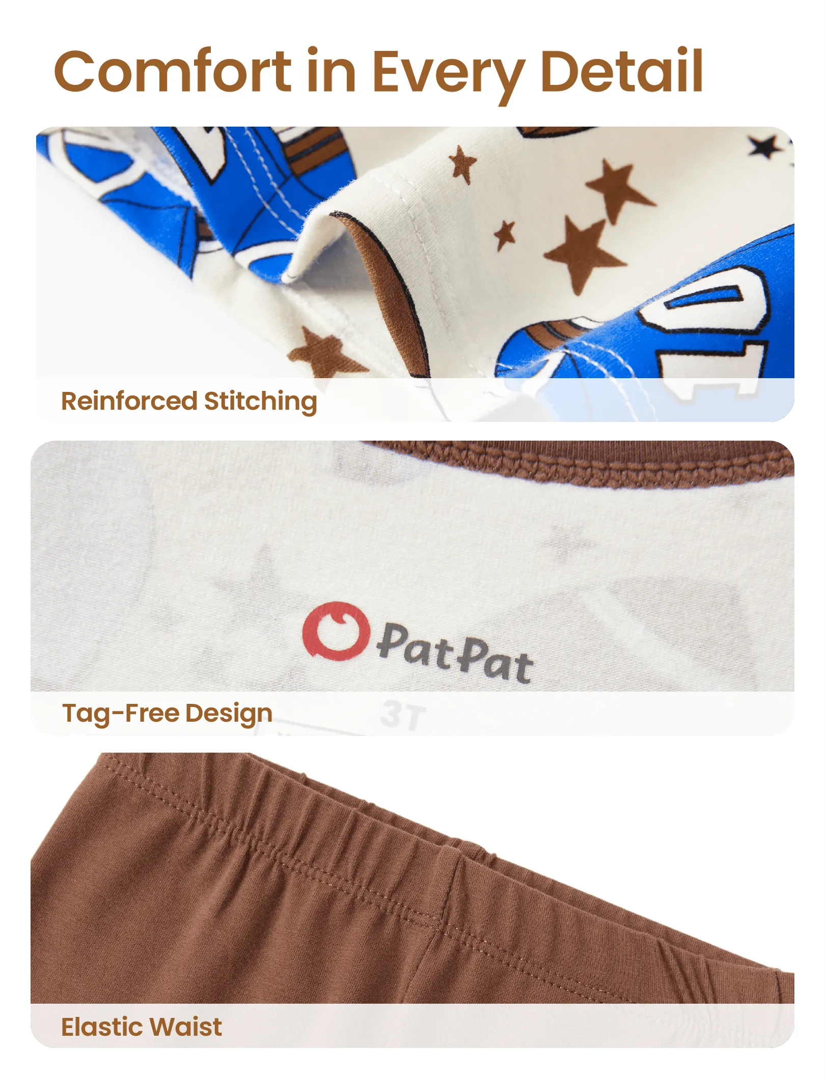 Toddler / Kids 4-piece Organic Cotton Pajamas 4-in 1 PJ Snug fit Pjs for Girls / Boys Brown - Image 8