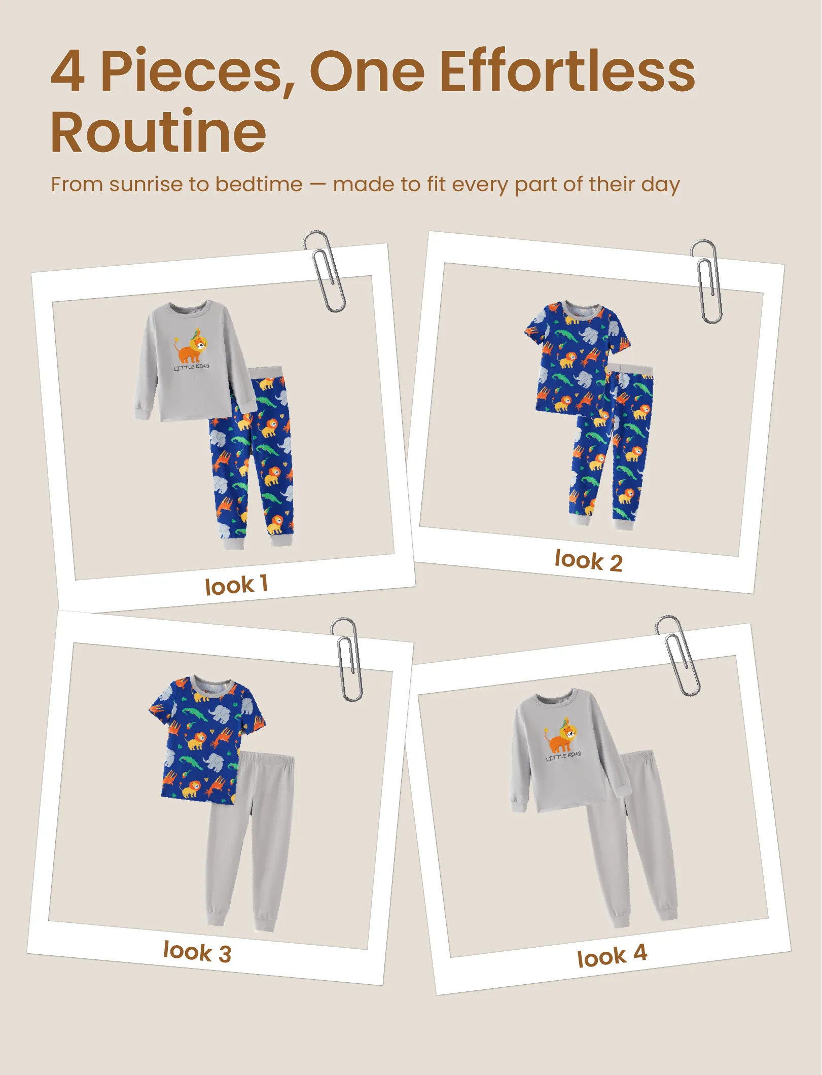 Toddler / Kids 4-piece Organic Cotton Pajamas 4-in 1 PJ Snug fit Pjs for Girls / Boys Grey - Image 4