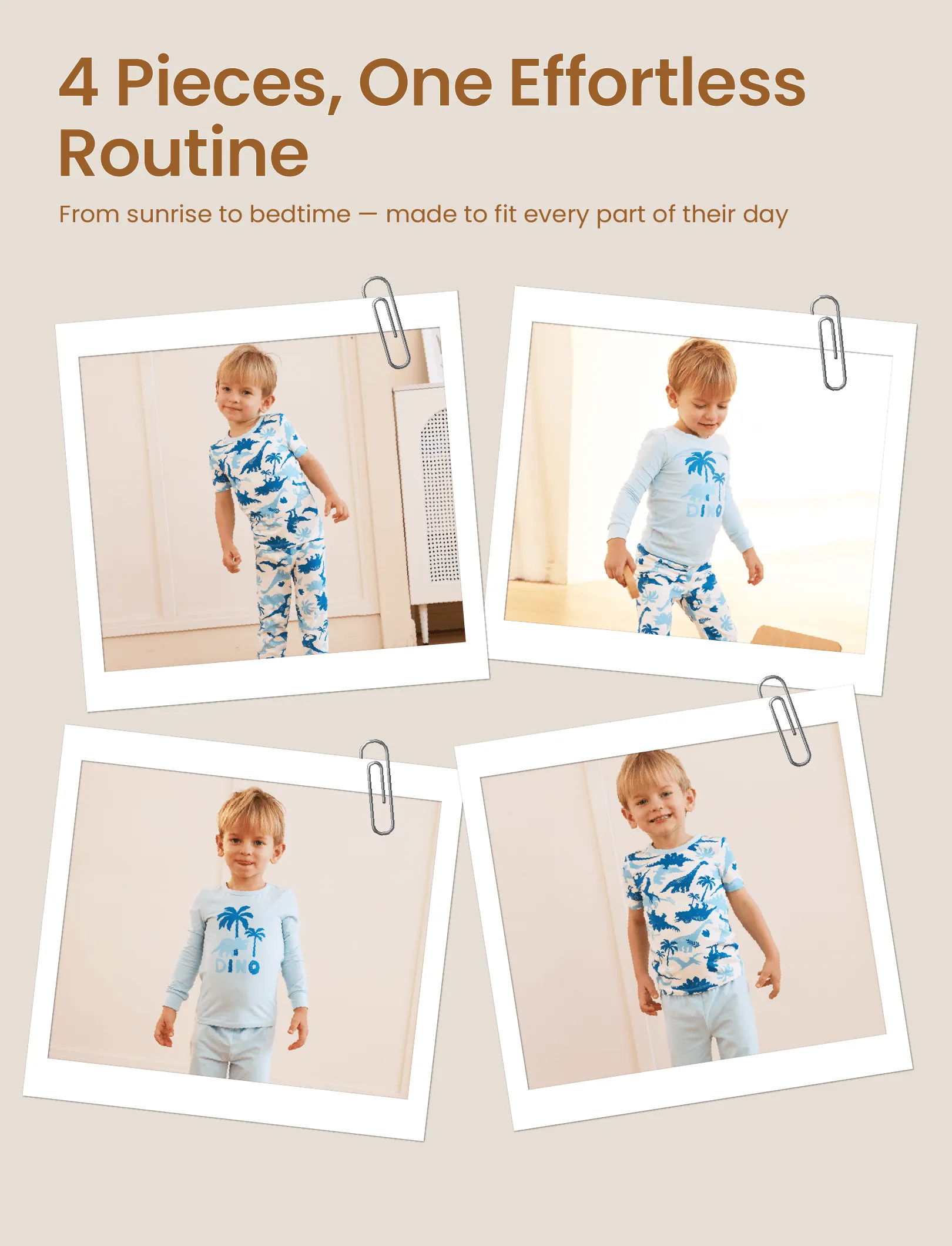 Toddler / Kids 4-piece Organic Cotton Pajamas 4-in 1 PJ Snug fit Pjs for Girls / Boys Light Blue - Image 4