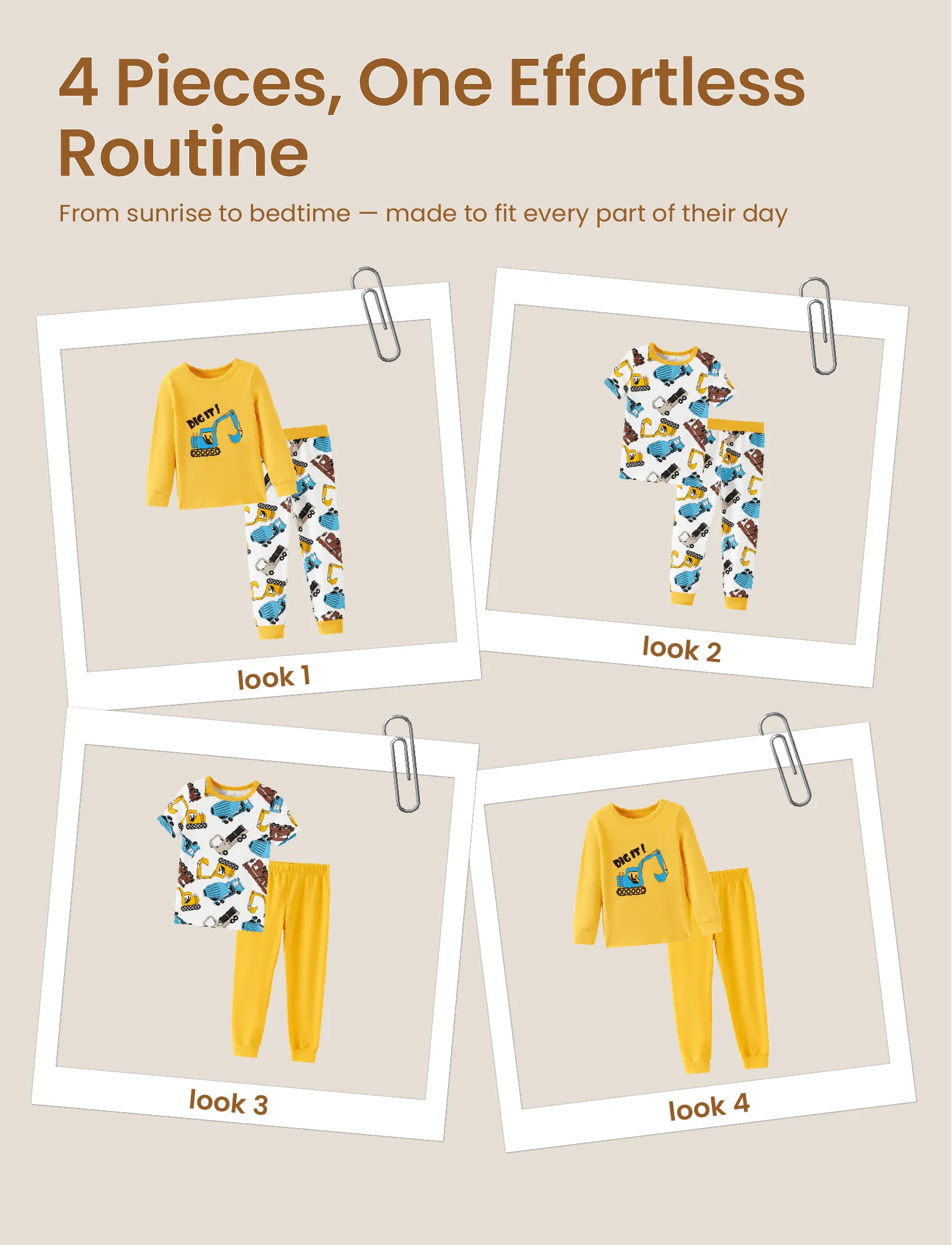 Toddler / Kids 4-piece Organic Cotton Pajamas 4-in 1 PJ Snug fit Pjs for Girls / Boys Yellow - Image 4