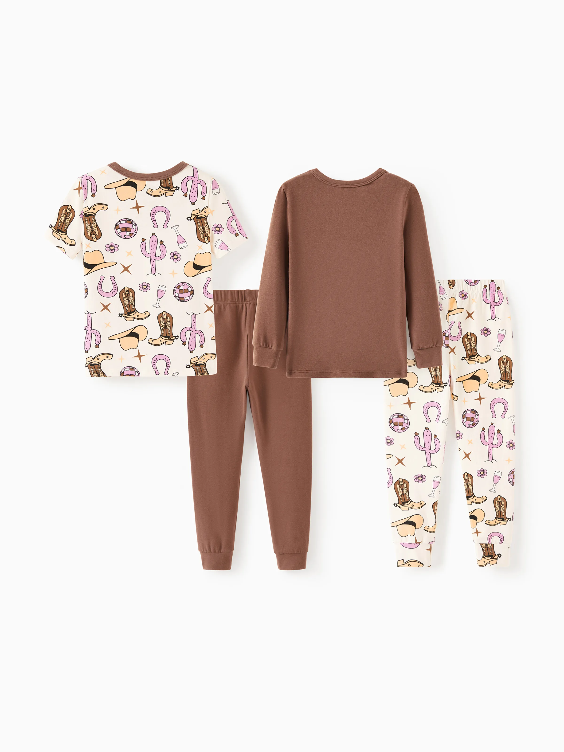 Toddler / Kids 4-piece Organic Cotton Pajamas 4-in 1 Snug fit PaJama Set for Girls Brown - Image 3