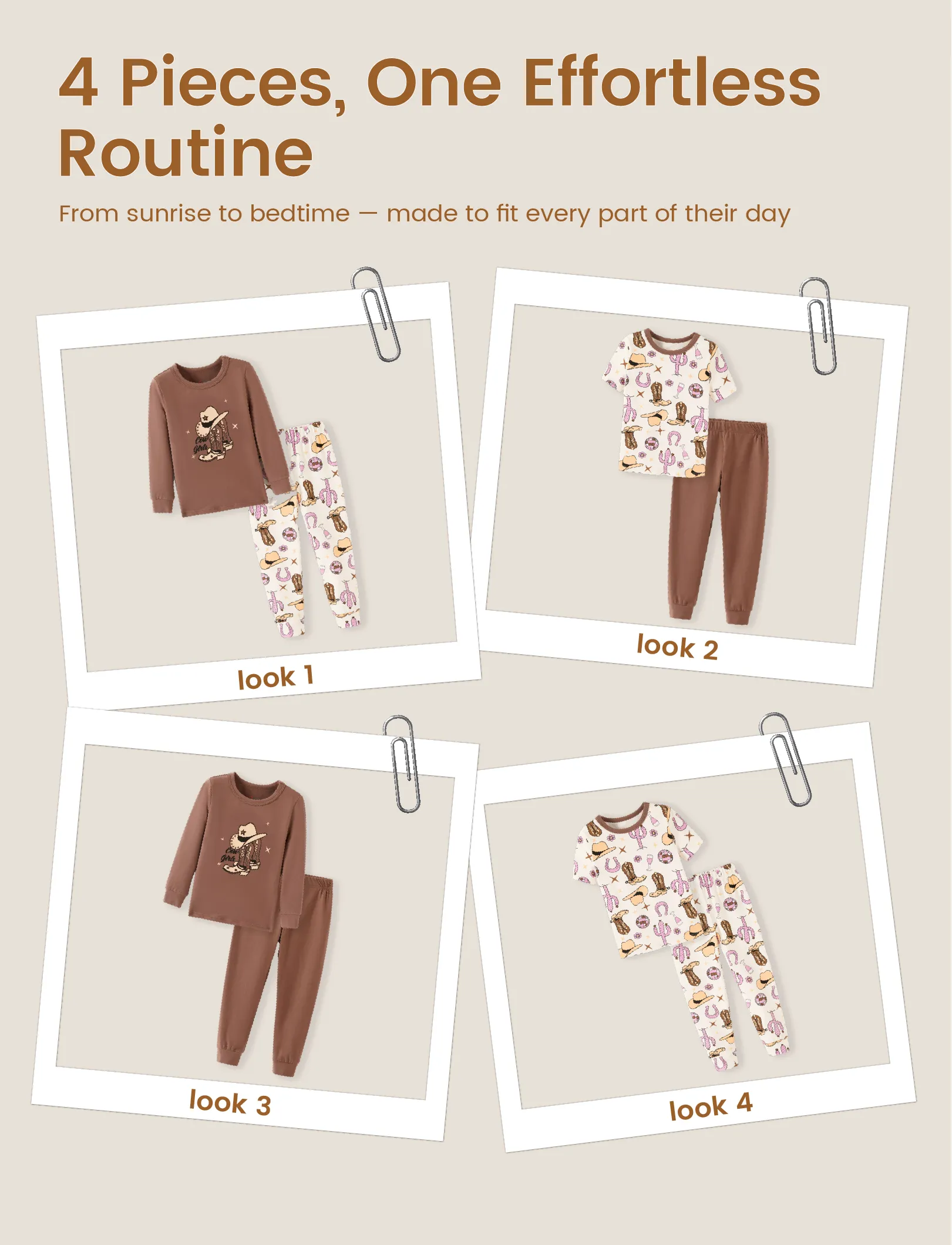 Toddler / Kids 4-piece Organic Cotton Pajamas 4-in 1 Snug fit PaJama Set for Girls Brown - Image 4