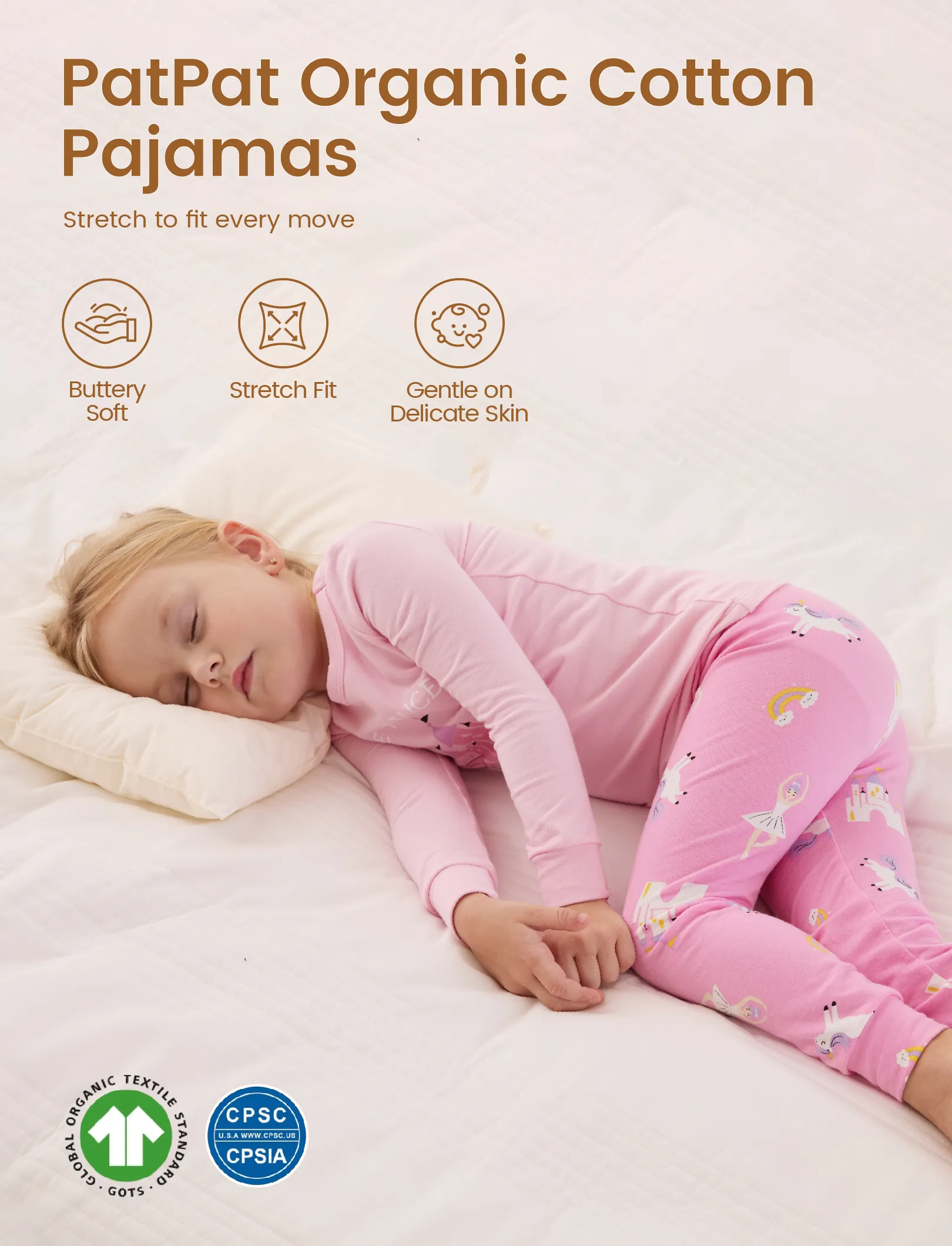 Toddler / Kids 4-piece Organic Cotton Pajamas 4-in 1 Snug fit PaJama Set for Girls Light Blue - Image 5