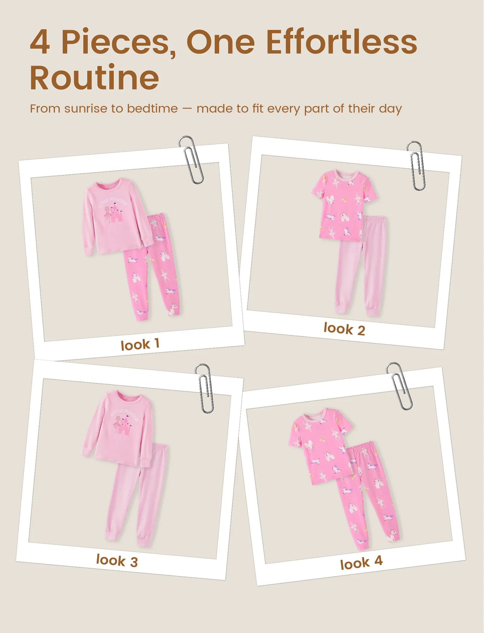 Toddler / Kids 4-piece Organic Cotton Pajamas 4-in 1 Snug fit PaJama Set for Girls Pink - Image 3
