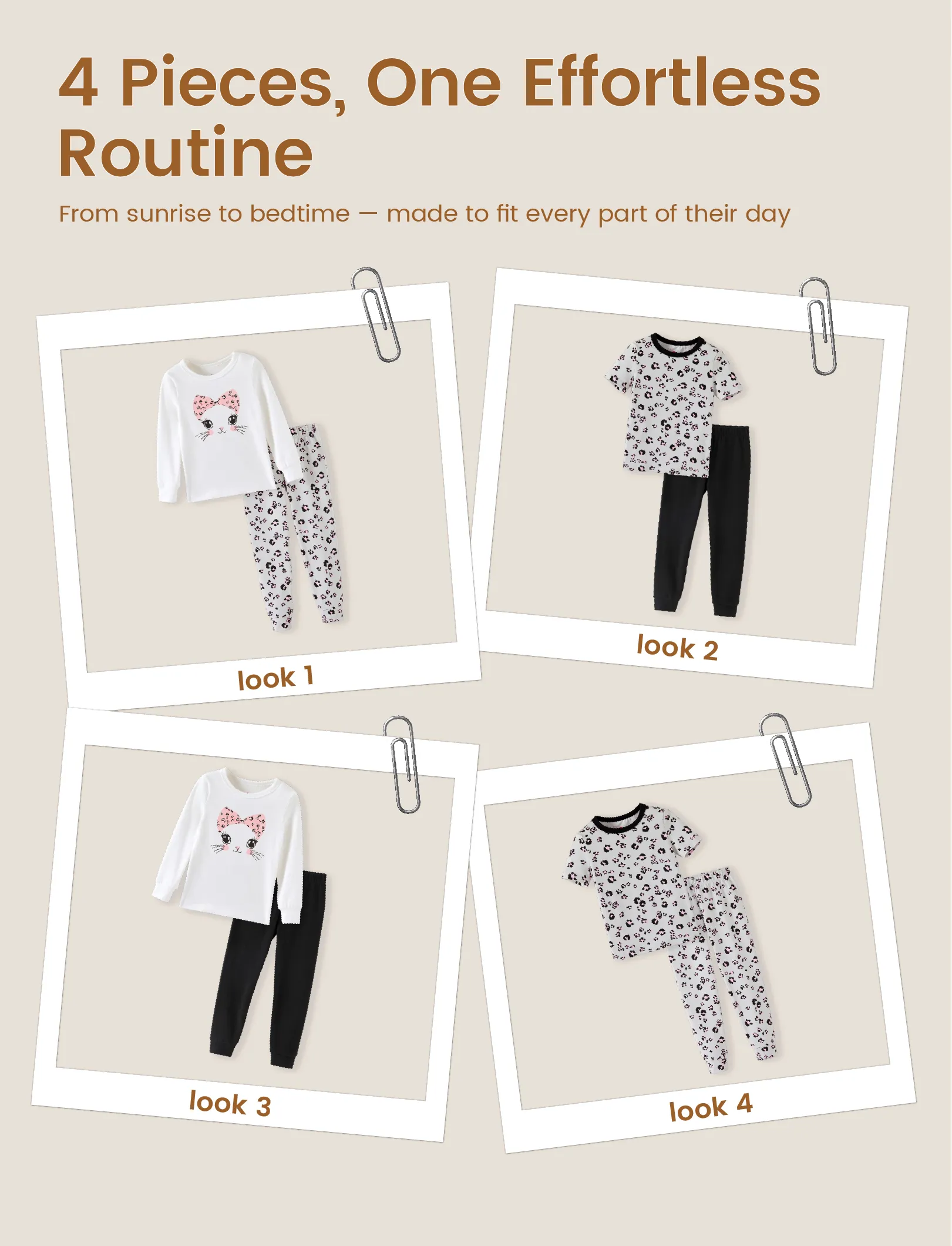 Toddler / Kids 4-piece Organic Cotton Pajamas 4-in 1 Snug fit PaJama Set for Girls White - Image 4