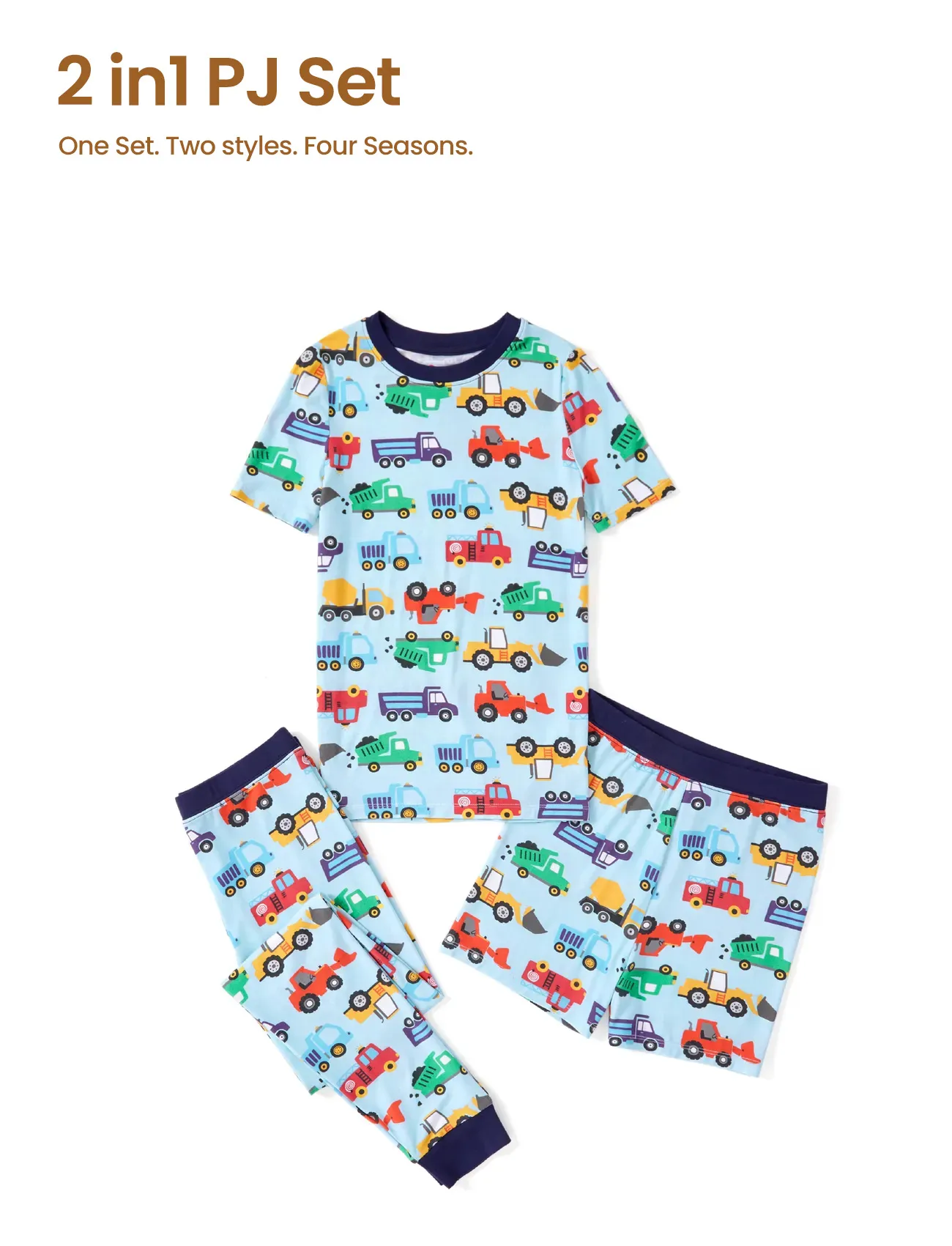 Toddler / Kids Christmas / Halloween Pajamas 3-Piece Bamboo Pajama Set 2-in-1 Look for 4 Seasons (Snug-Fitting) Light Blue - Image 3