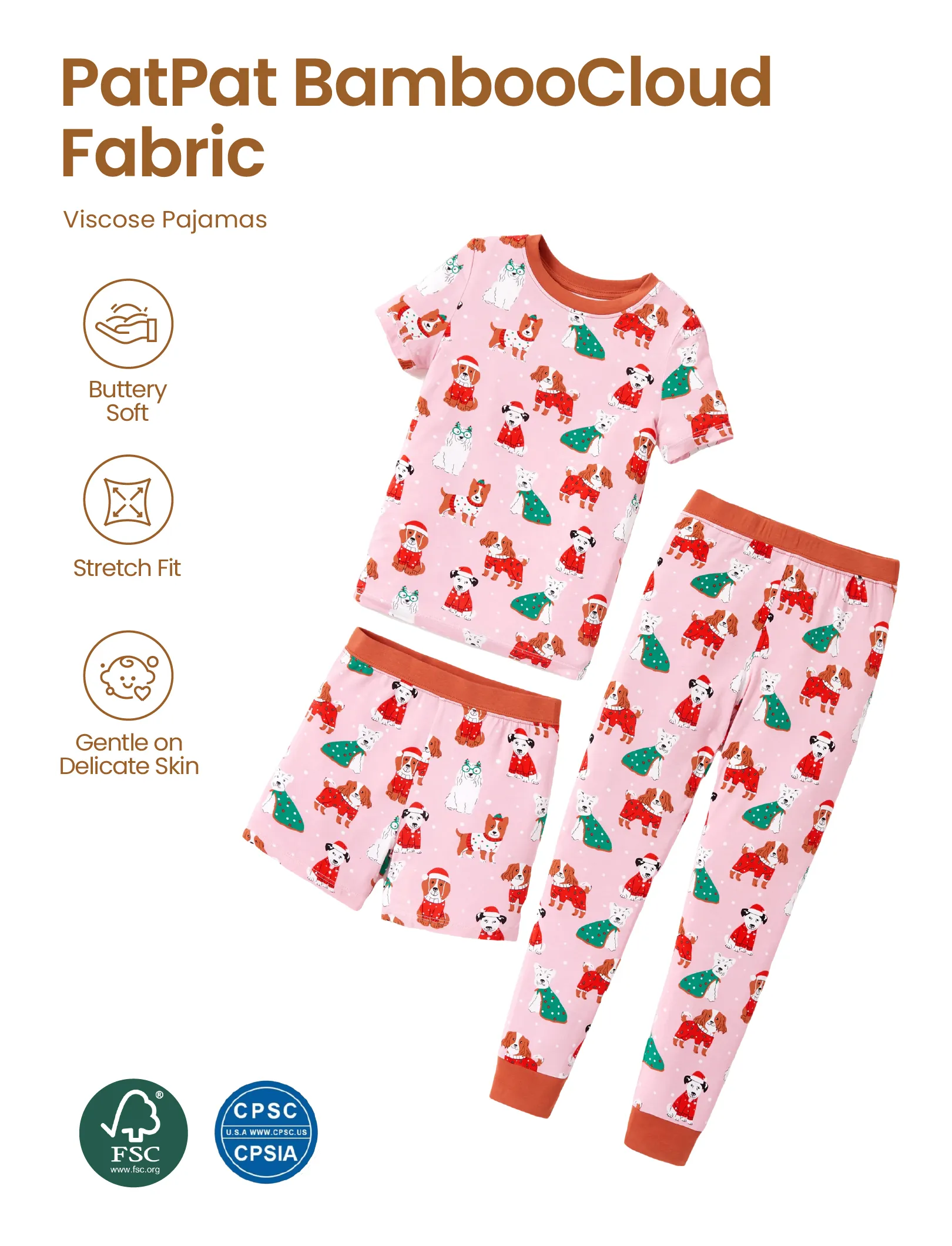 Toddler / Kids Christmas / Halloween Pajamas 3-Piece Bamboo Pajama Set 2-in-1 Look for 4 Seasons (Snug-Fitting) Light Pink - Image 3