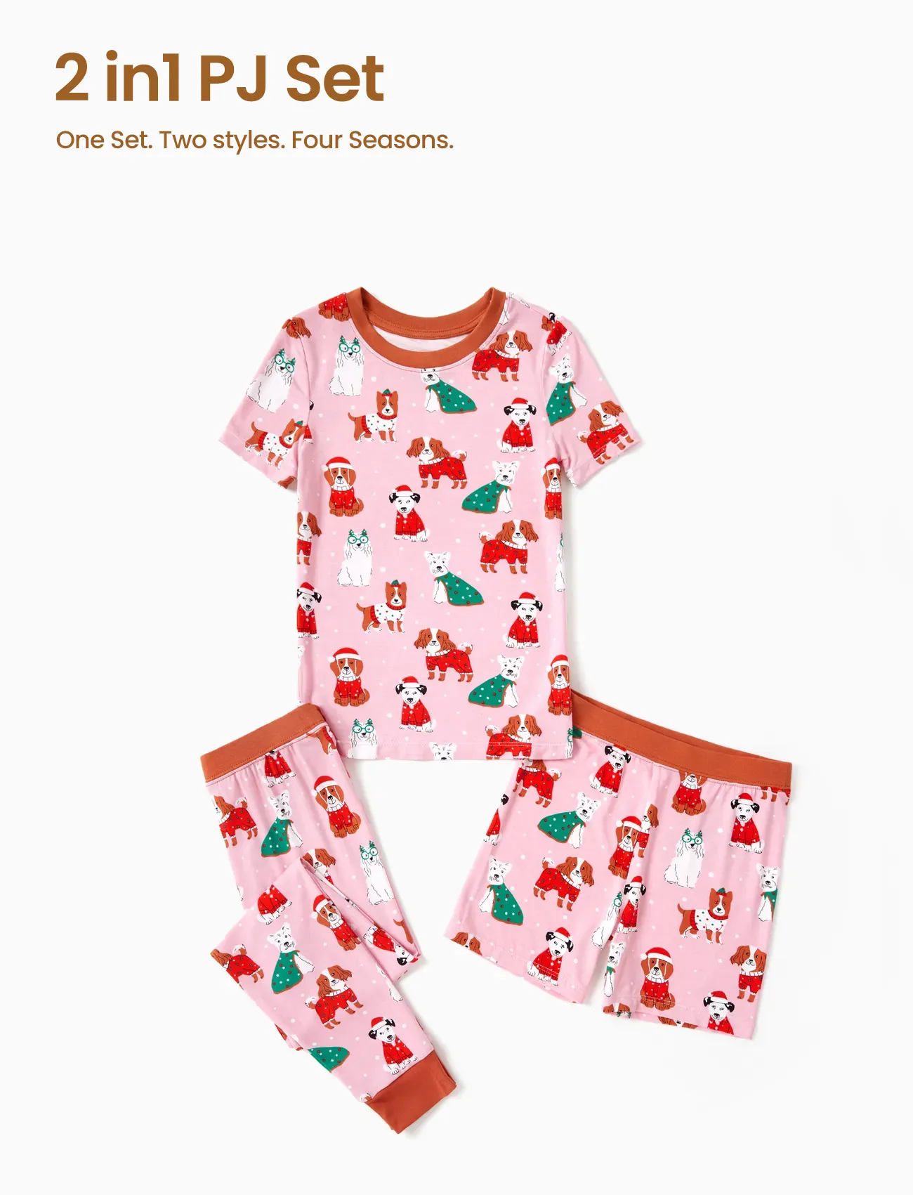 Toddler / Kids Christmas / Halloween Pajamas 3-Piece Bamboo Pajama Set 2-in-1 Look for 4 Seasons (Snug-Fitting) Light Pink - Image 4