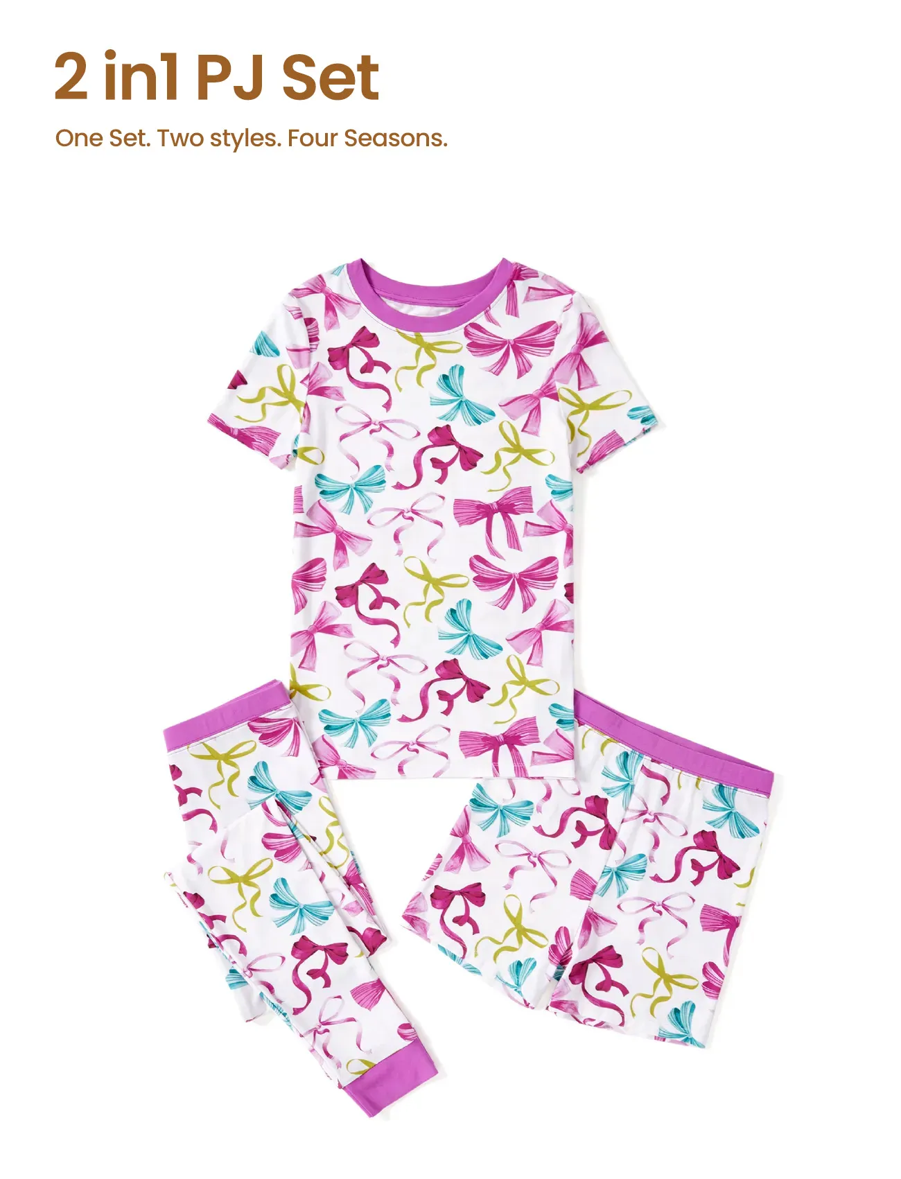 Toddler / Kids Christmas / Halloween Pajamas 3-Piece Bamboo Pajama Set 2-in-1 Look for 4 Seasons (Snug-Fitting) Pink - Image 3