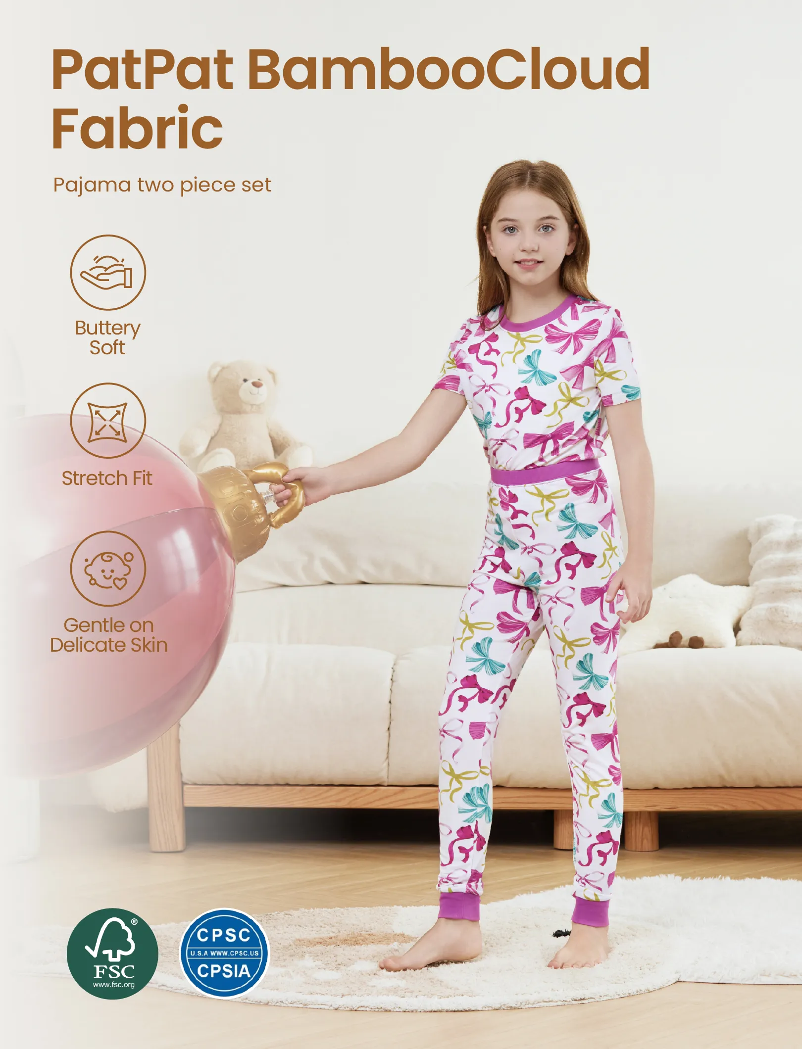 Toddler / Kids Christmas / Halloween Pajamas 3-Piece Bamboo Pajama Set 2-in-1 Look for 4 Seasons (Snug-Fitting) Pink - Image 4