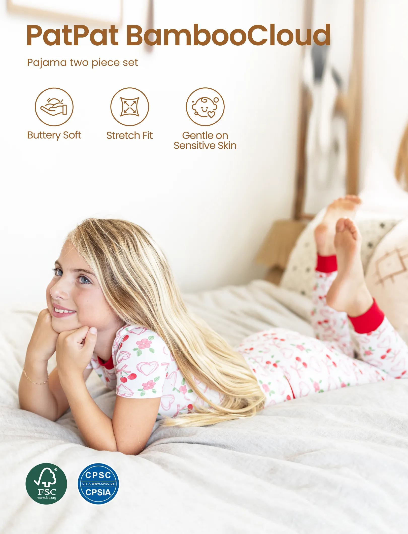 Toddler / Kids Christmas / Halloween Pajamas 3-Piece Bamboo Pajama Set 2-in-1 Look for 4 Seasons (Snug-Fitting) Red - Image 3