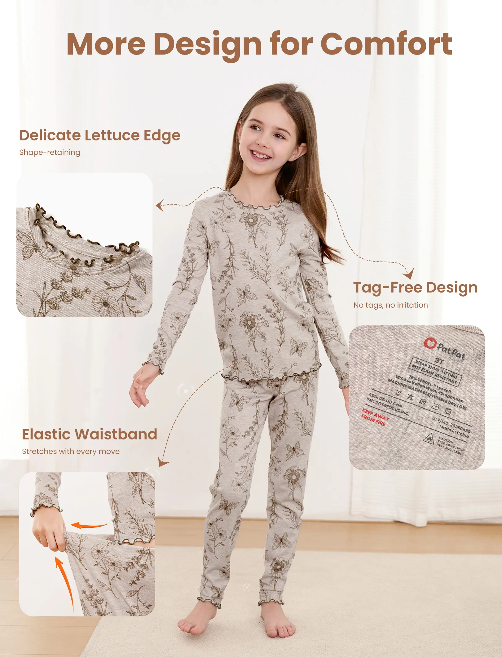 Toddler / Kids Pajamas 2-piece Pajama Set with Soft Tencel Lyocell Wool Blend (Snug-Fitting ) Apricot - Image 6