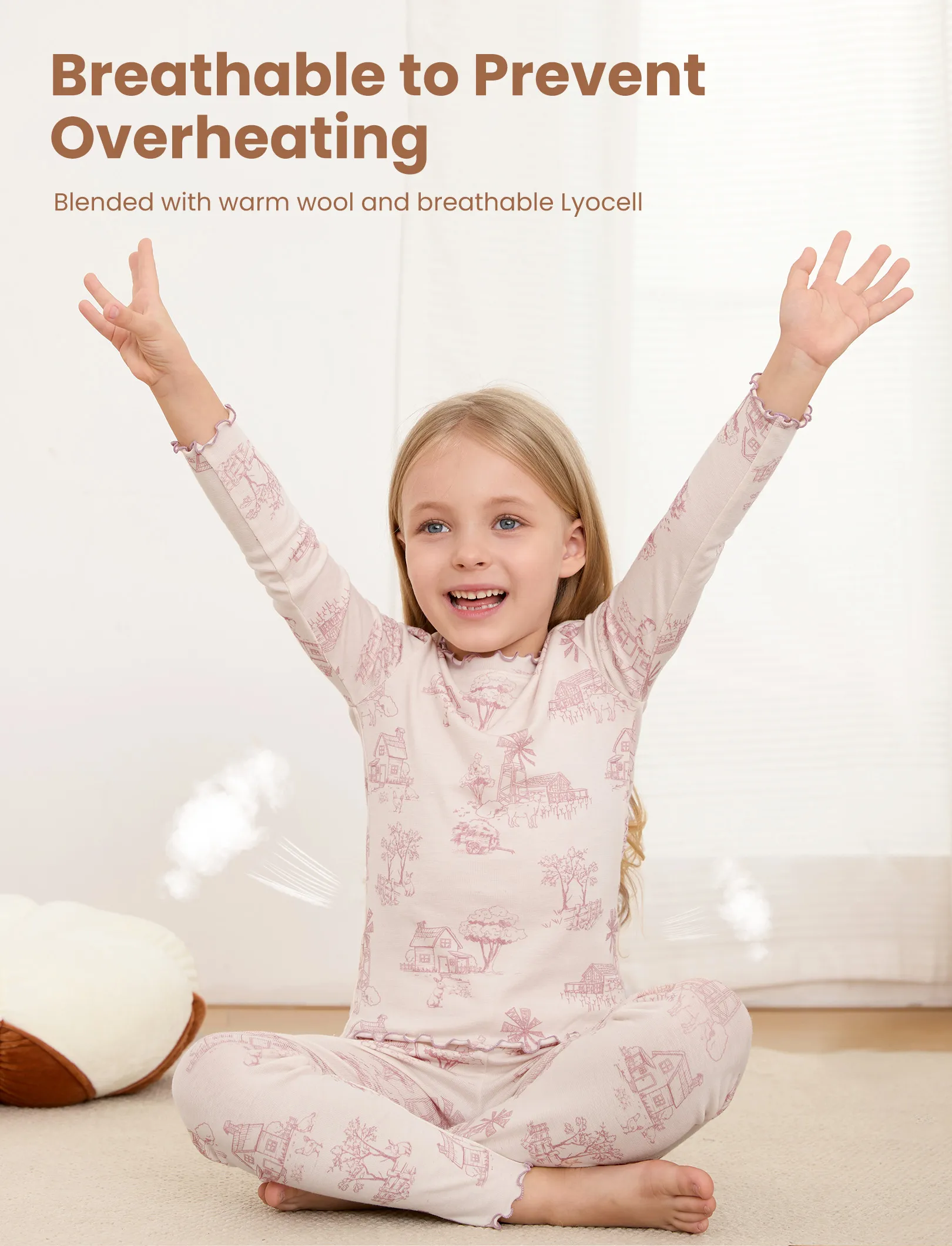 Toddler / Kids Pajamas 2-piece Pajama Set with Soft Tencel Lyocell Wool Blend (Snug-Fitting ) Light Pink - Image 4