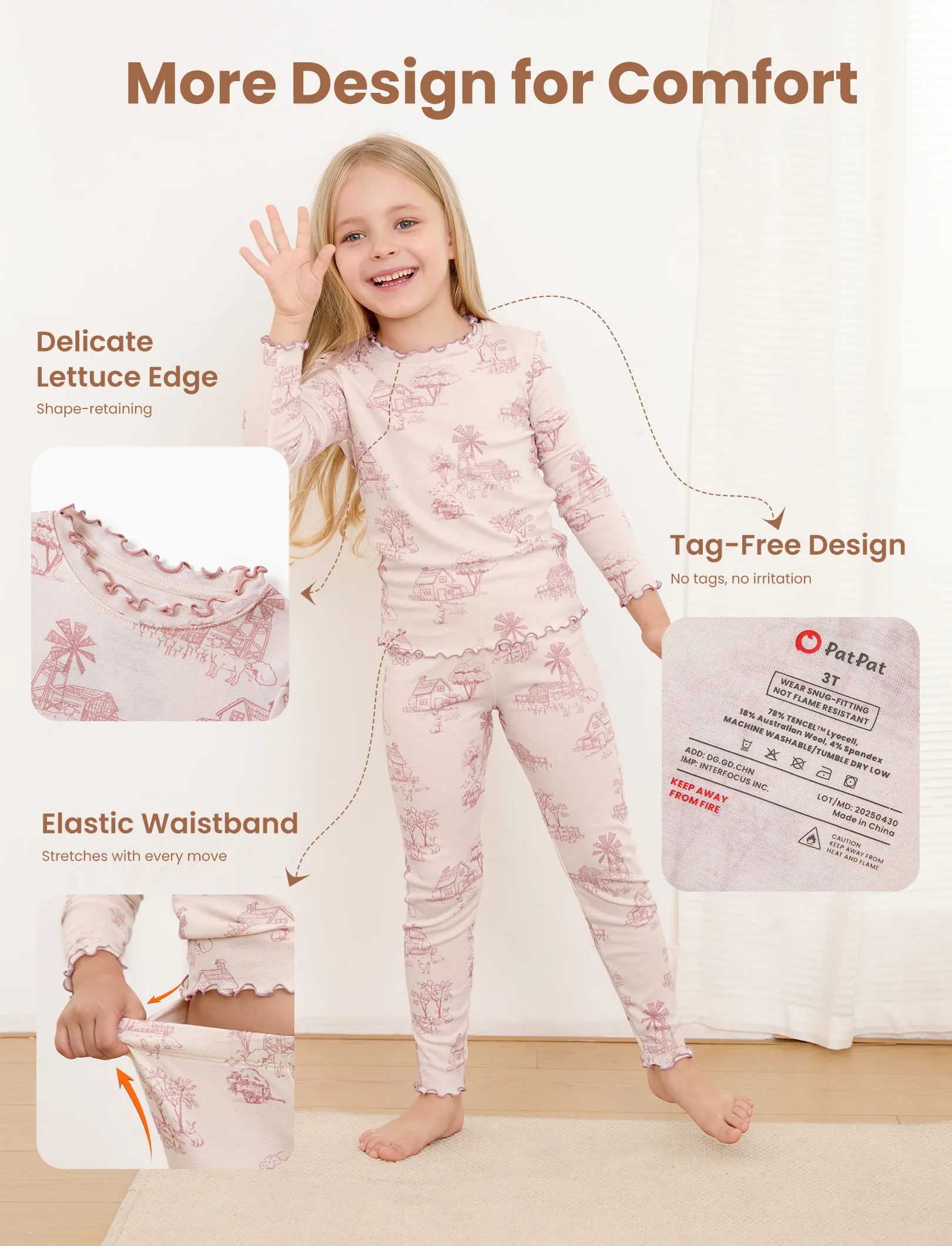 Toddler / Kids Pajamas 2-piece Pajama Set with Soft Tencel Lyocell Wool Blend (Snug-Fitting ) Light Pink - Image 6
