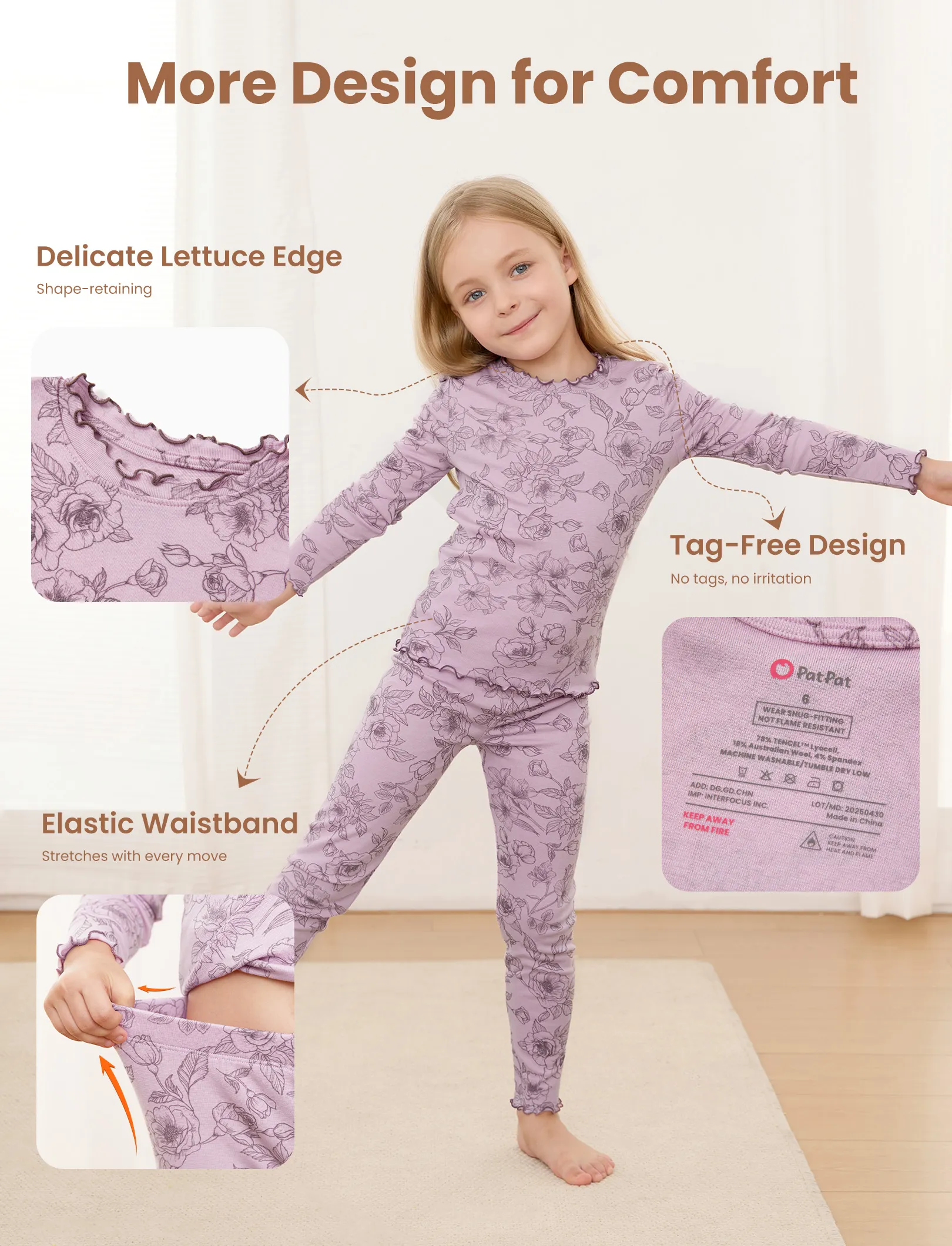 Toddler / Kids Pajamas 2-piece Pajama Set with Soft Tencel Lyocell Wool Blend (Snug-Fitting ) Pink - Image 6
